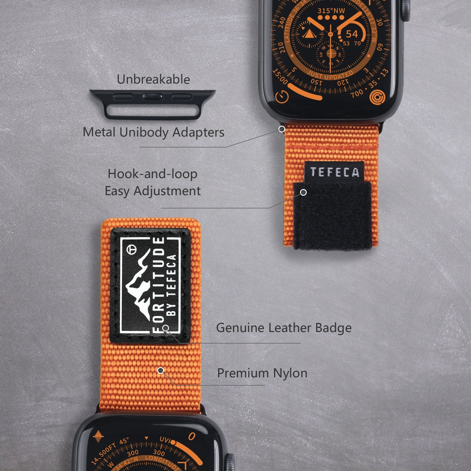 Tefeca Fortitude Series Standard Wide Hook and Loop Band for Apple Watch /Apple Watch Ultra| Light Orange Nylon - Tefeca