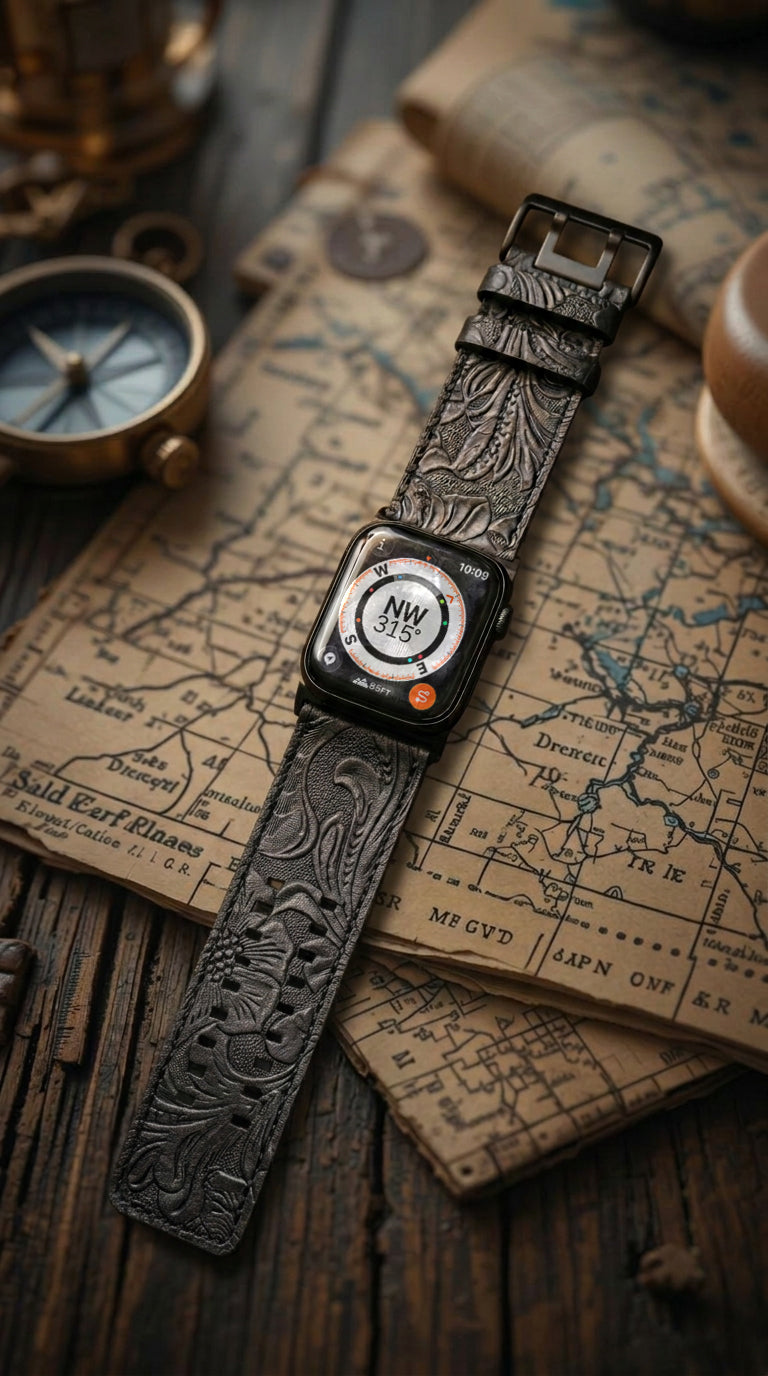 Dual Band-Black Vintage Scroll Carving Leather
