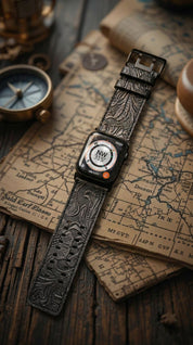 Dual Band-Black Vintage Scroll Carving Leather