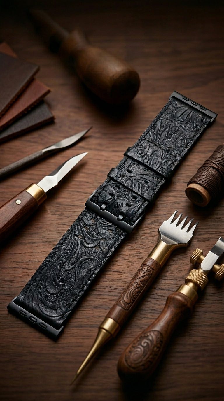 Dual Band-Black Vintage Scroll Carving Leather