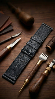 Dual Band-Black Vintage Scroll Carving Leather