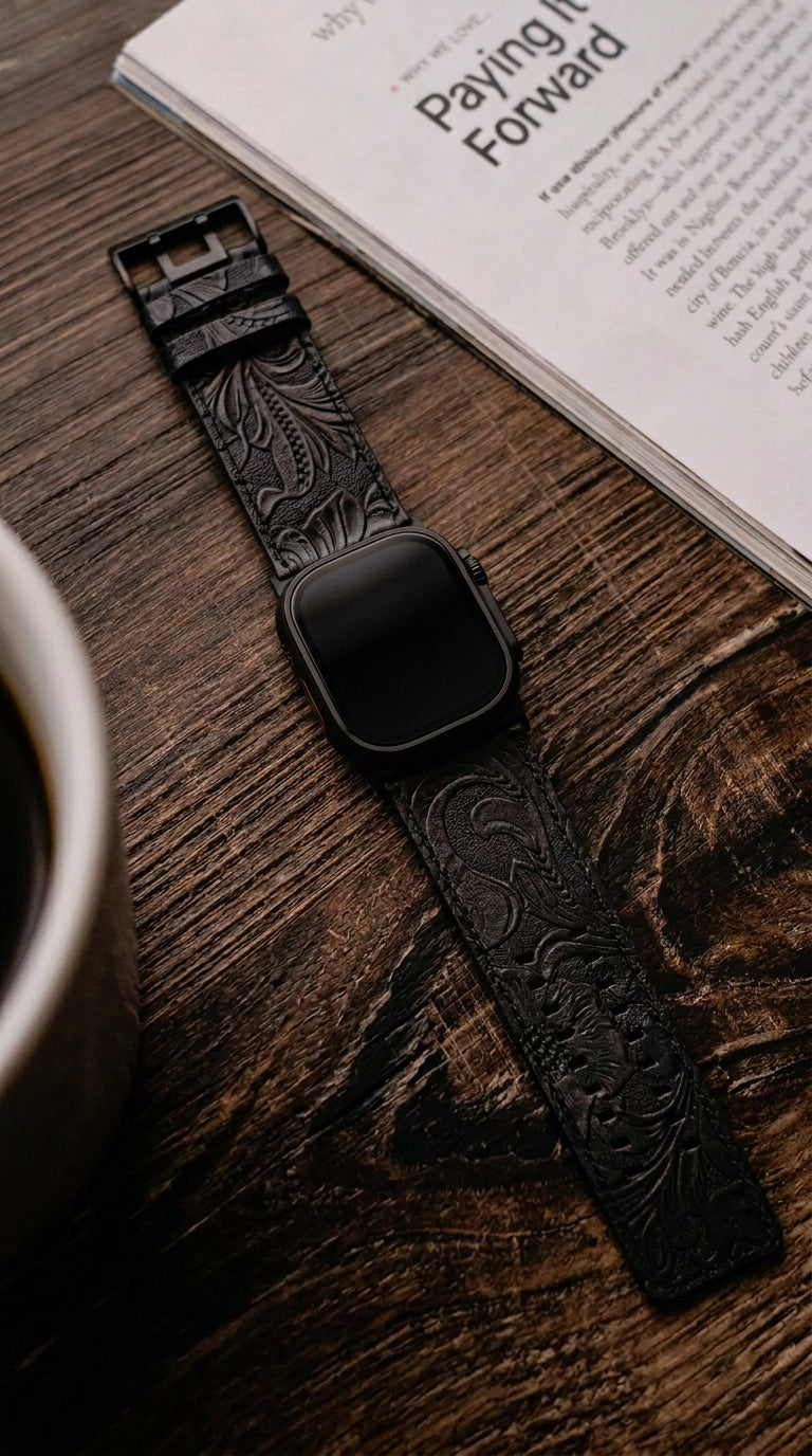 Dual Band-Black Vintage Scroll Carving Leather