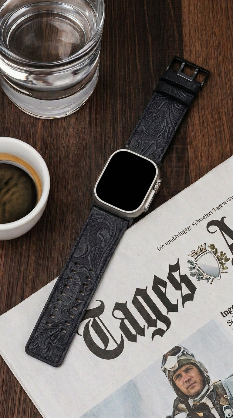 Dual Band-Black Vintage Scroll Carving Leather