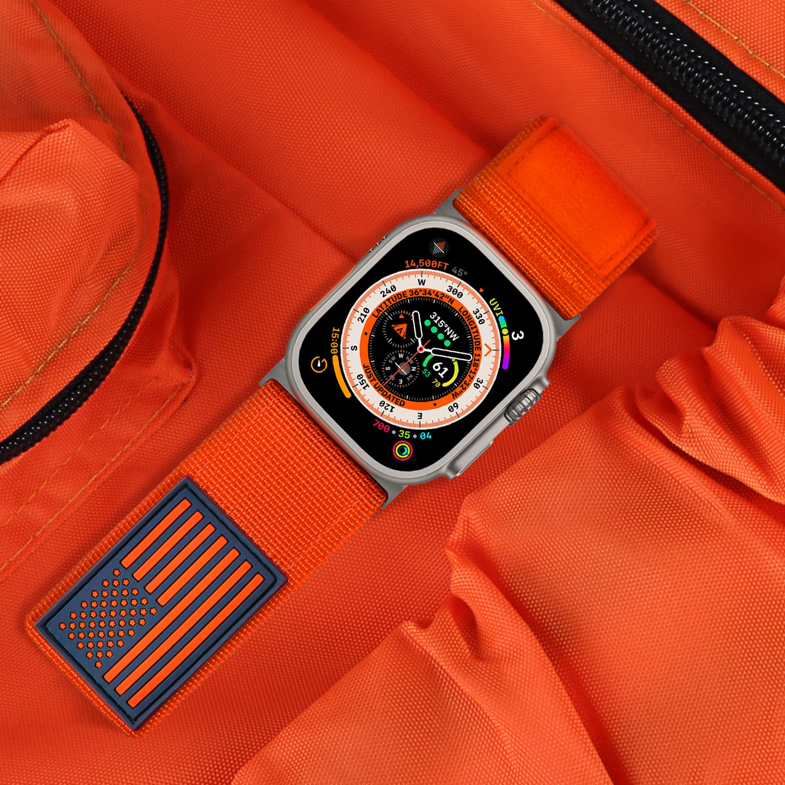 Tefeca Fortitude Series Ultra Wide Hook and Loop Band for Apple Watch /Apple Watch Ultra | Ultra Wide Nylon Orange USA Flag with Silver Adapters | 42/44/45/49mm