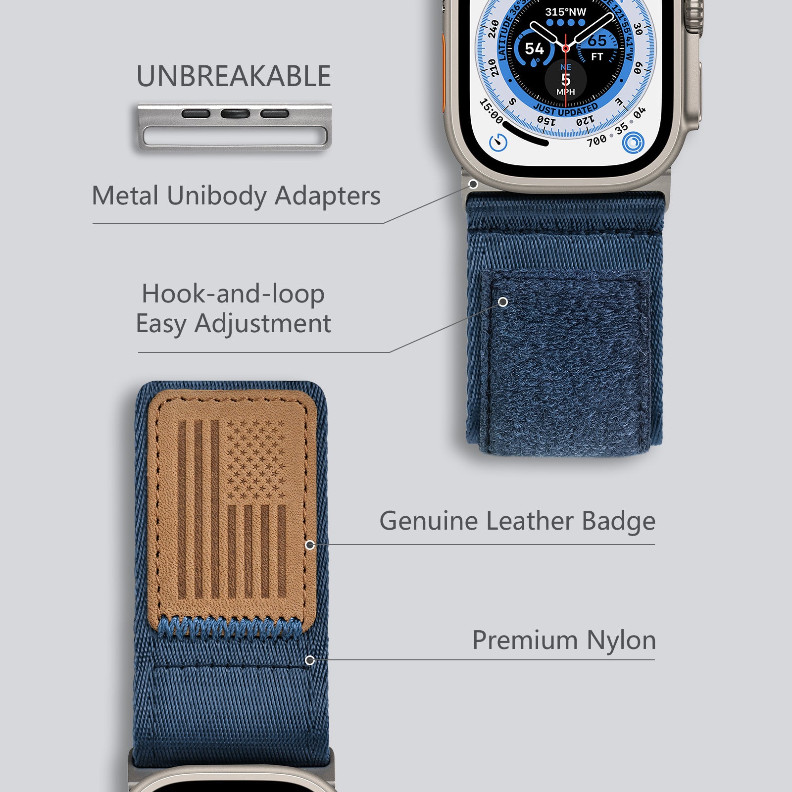 Tefeca Fortitude Series Ultra Wide Hook and Loop Band for Apple Watch/Apple Watch Ultra | Ultra Wide Nylon Midnight Blue USA Flag with Silver Adapters | 42/44/45/49mm