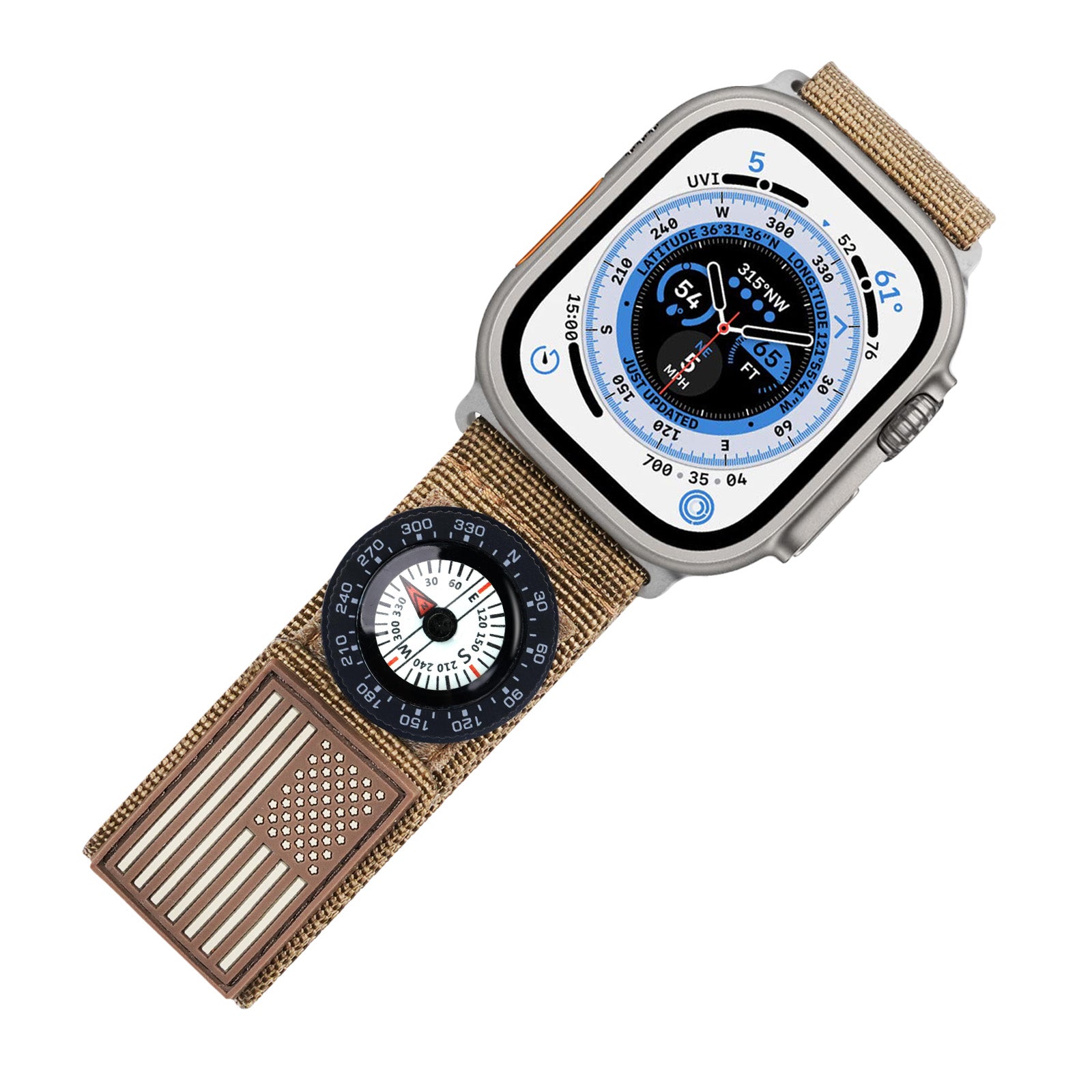 Tefeca Fortitude Series USA Flag Standard Wide Band – Coyote Tan Silver with White SnapHook Micro Compass