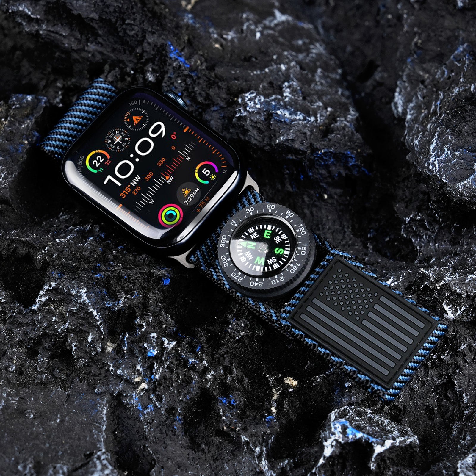 Tefeca Fortitude Series USA Flag Standard Wide Band – Onyx with Black SnapHook Micro Compass