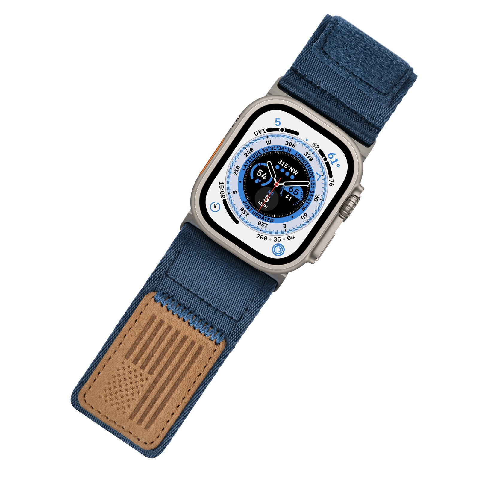 Tefeca Fortitude Series Ultra Wide Hook and Loop Band for Apple Watch/Apple Watch Ultra | Ultra Wide Nylon Midnight Blue USA Flag with Silver Adapters | 42/44/45/49mm