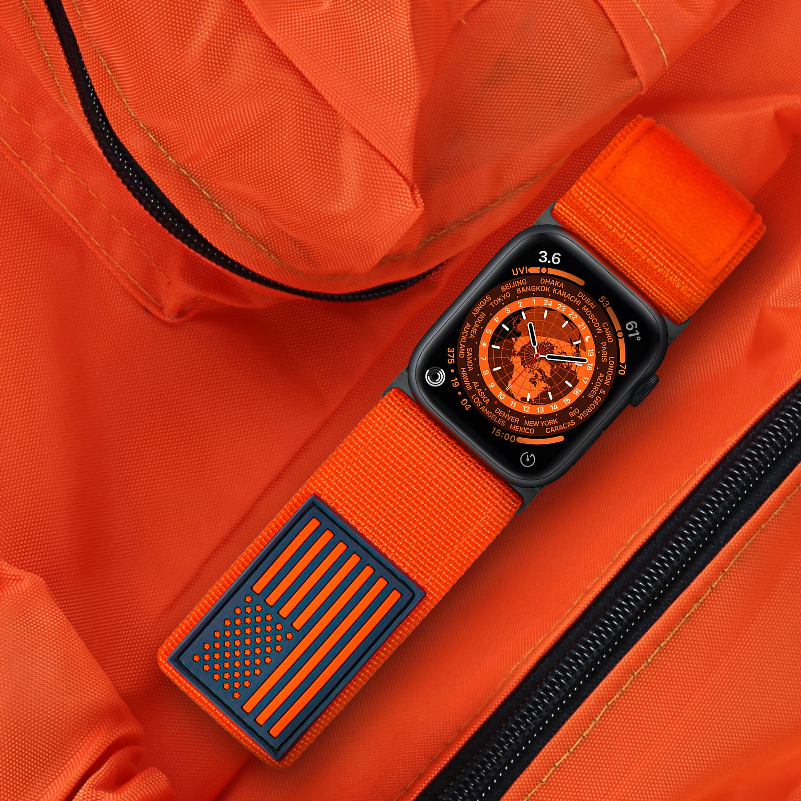 Tefeca Fortitude Series Ultra Wide Hook and Loop Band for Apple Watch /Apple Watch Ultra | Ultra Wide Nylon Orange USA Flag with Black Adapters | 42/44/45/49mm