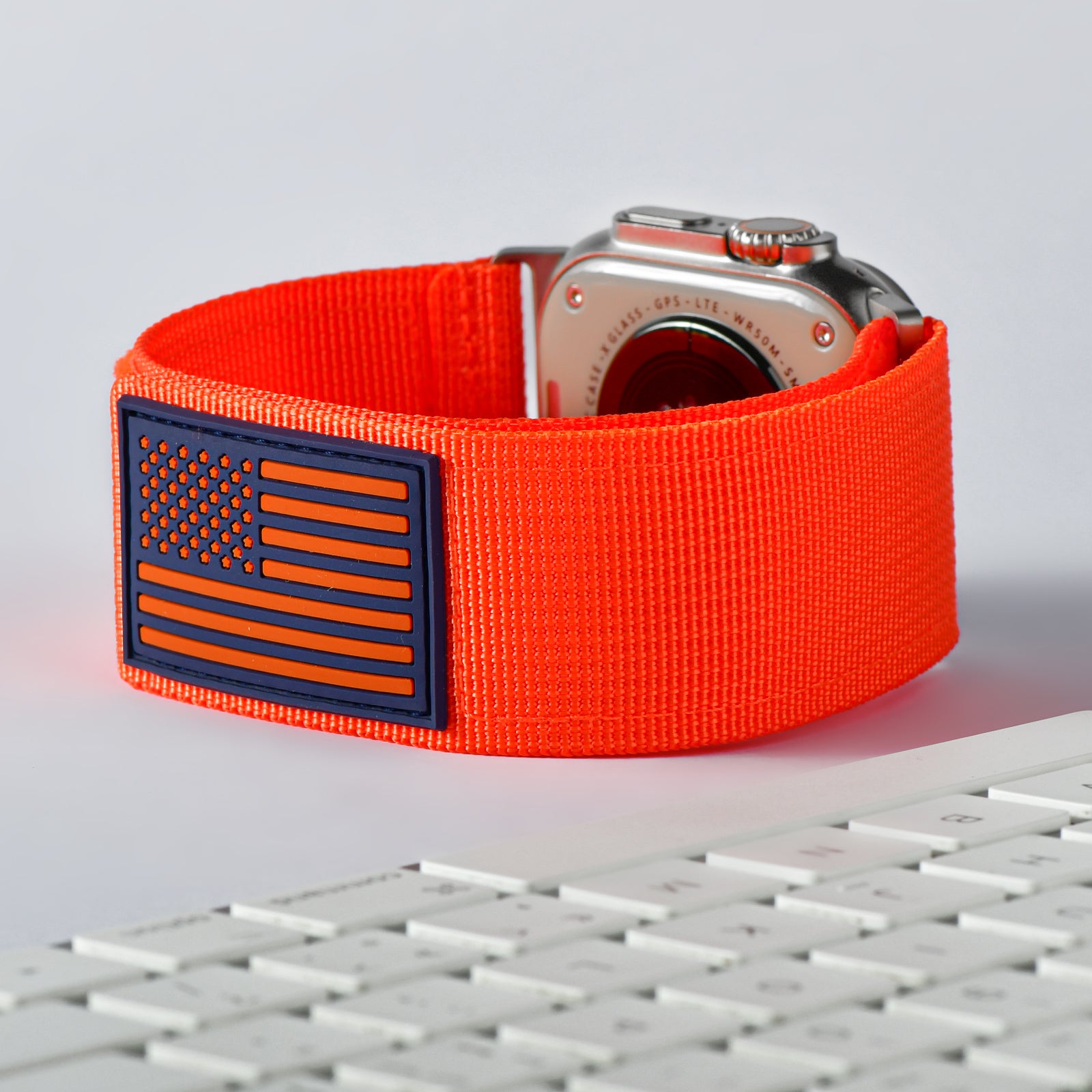 Tefeca Fortitude Series Ultra Wide Hook and Loop Band for Apple Watch /Apple Watch Ultra | Ultra Wide Nylon Orange USA Flag with Silver Adapters | 42/44/45/49mm