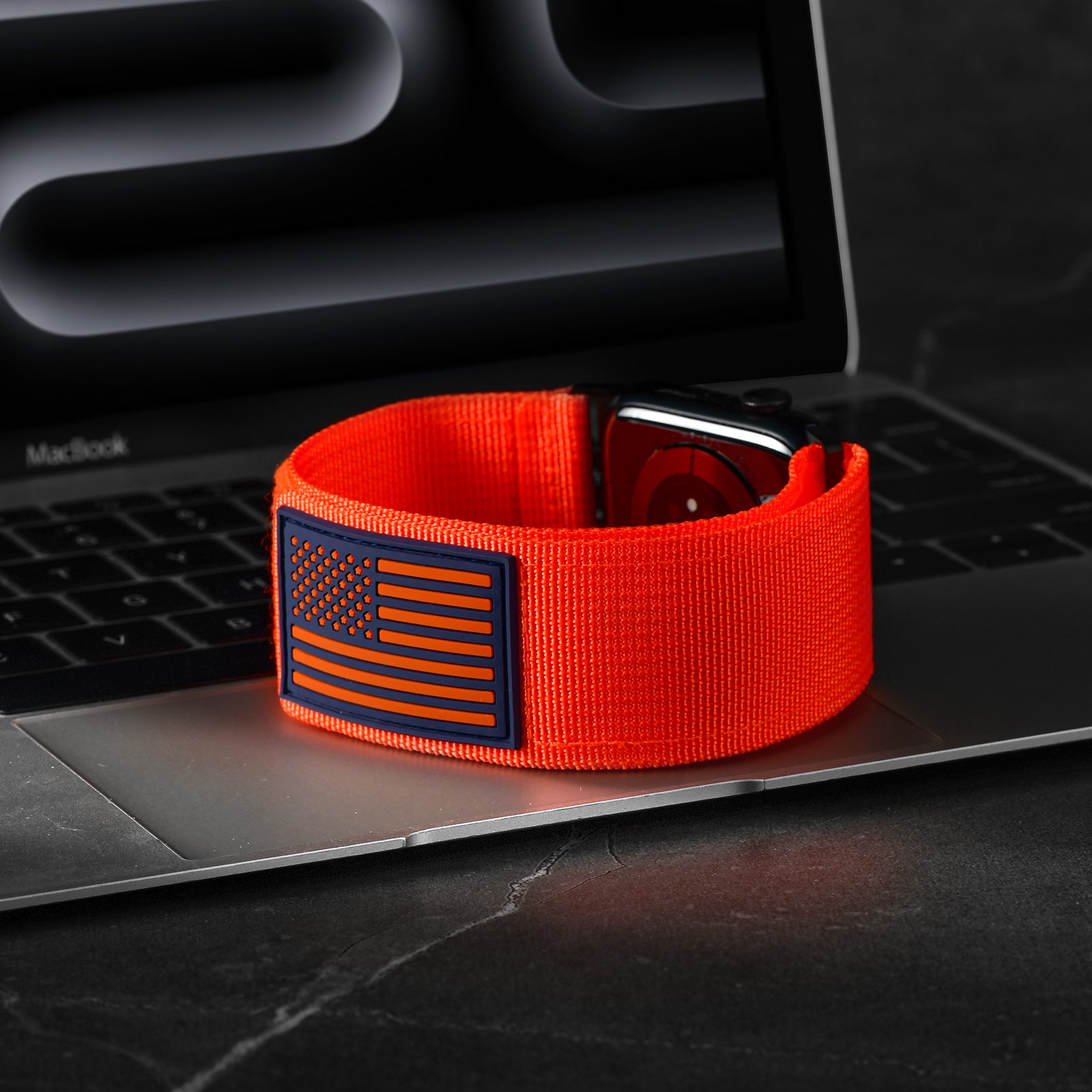 Tefeca Fortitude Series Ultra Wide Hook and Loop Band for Apple Watch /Apple Watch Ultra | Ultra Wide Nylon Orange USA Flag with Black Adapters | 42/44/45/49mm