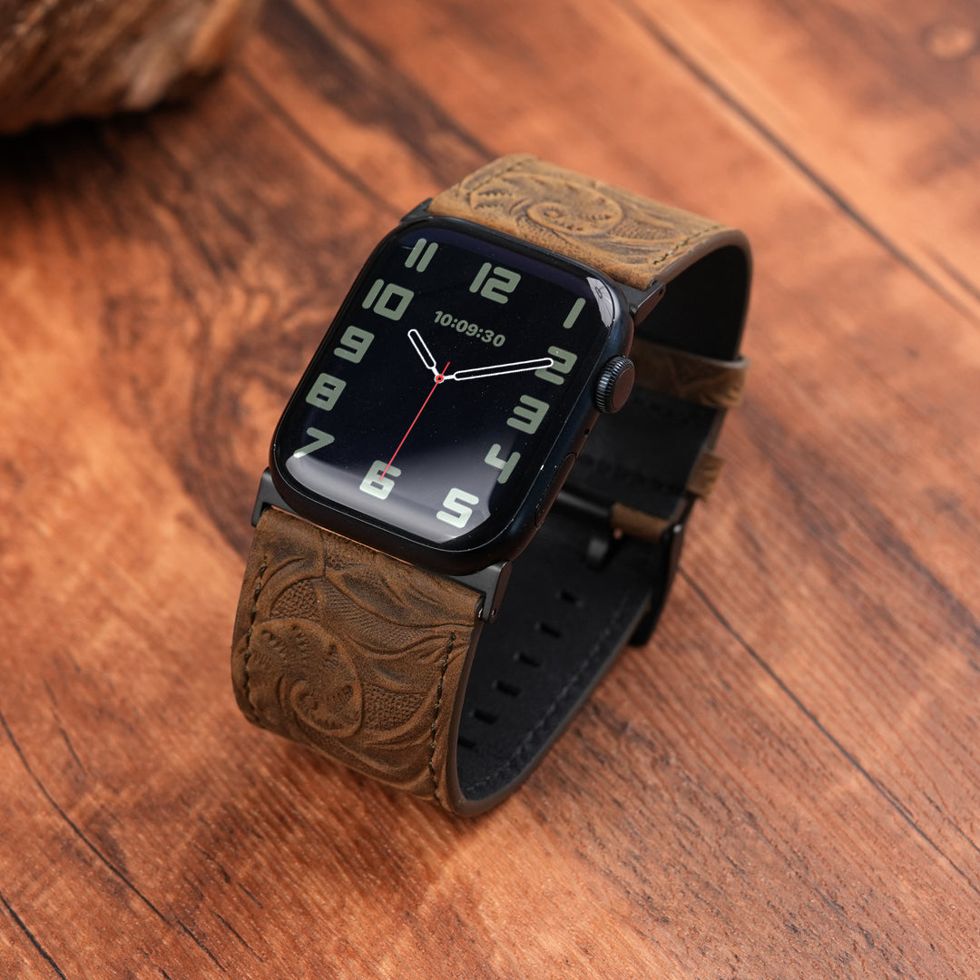 Tefeca Dual Engraved Edition Replacement Watch Band Compatible with Apple Watch/ Apple Watch Ultra-Vintage Scroll Carving