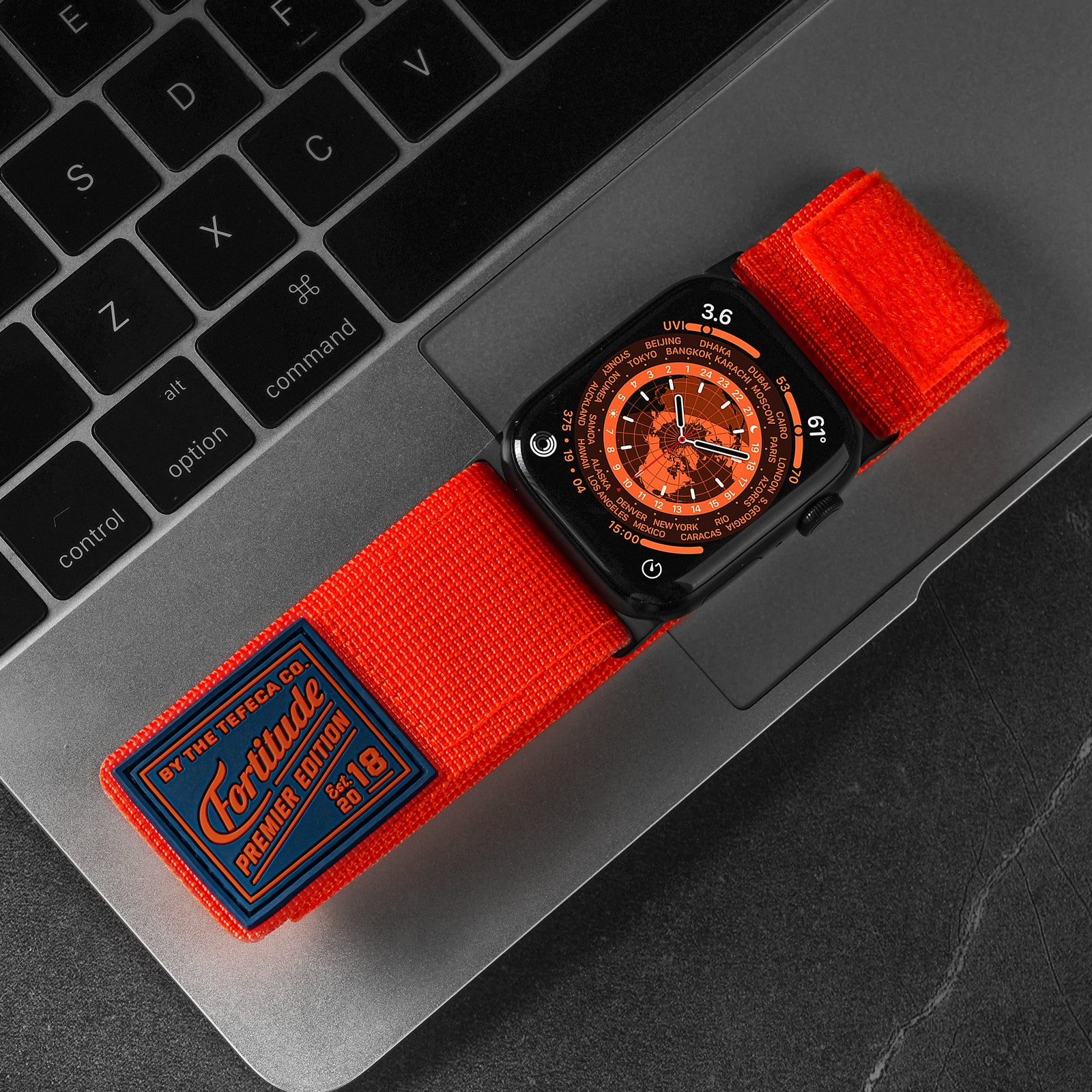 Tefeca Fortitude Series Ultra Wide Hook and Loop Band for Apple Watch /Apple Watch Ultra | Ultra Wide Nylon Orange with Black Adapters | 42/44/45/49mm