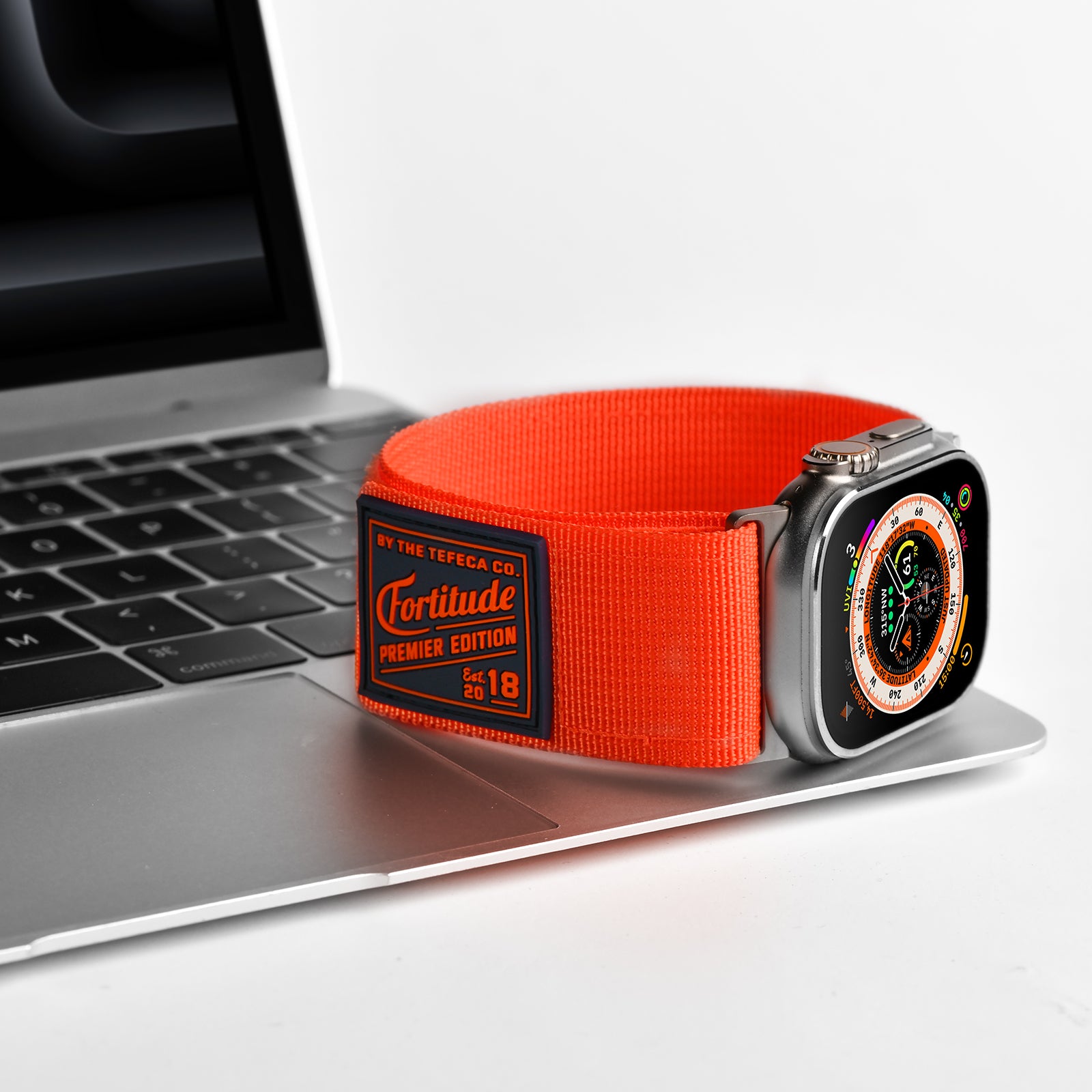 Tefeca Fortitude Series Ultra Wide Hook and Loop Band for Apple Watch /Apple Watch Ultra | Ultra Wide Nylon Orange with Silver Adapters | 42/44/45/49mm