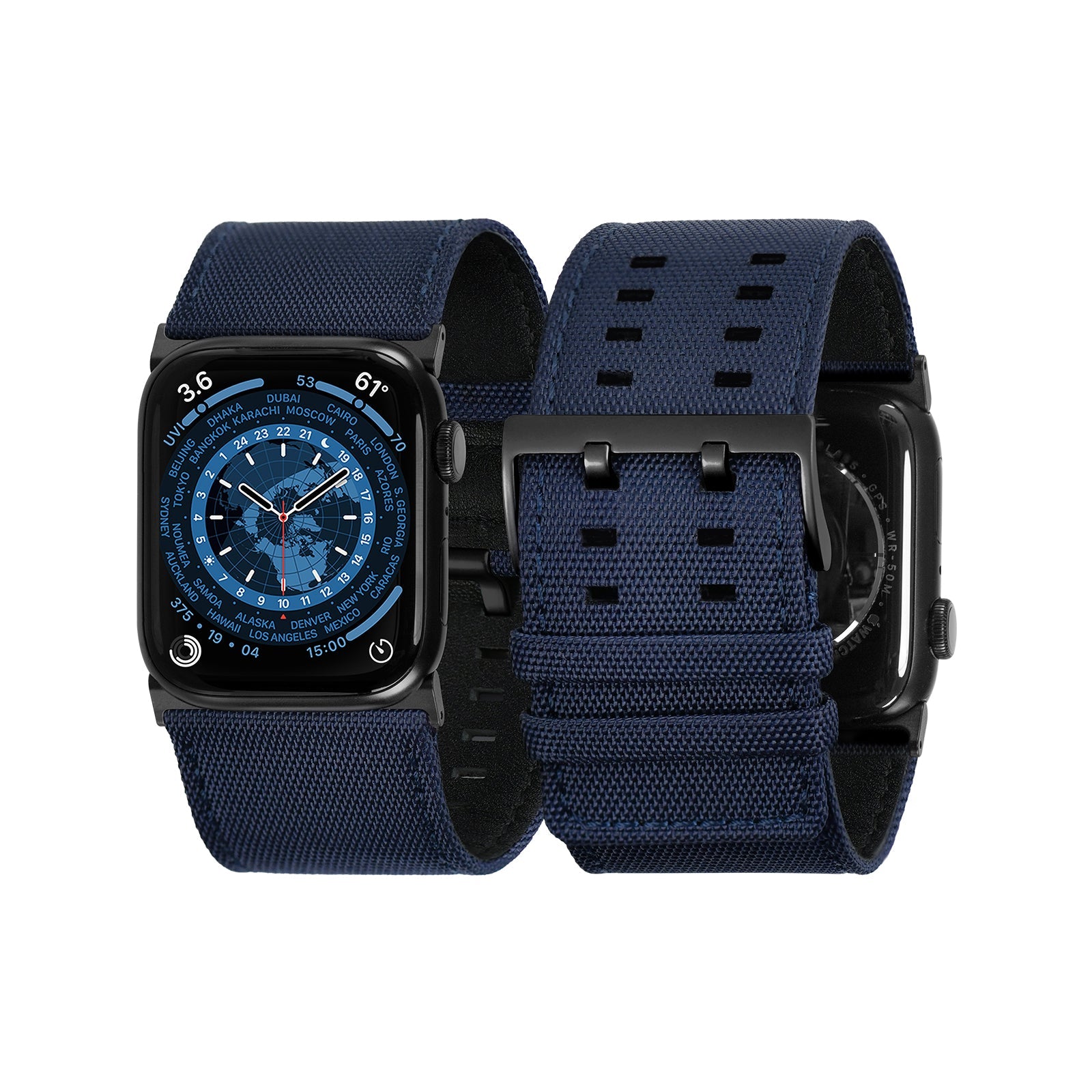 Tefeca Dual Series Replacement Watch Band Compatible with Apple Watch/ Apple Watch Ultra | Blue Sailcloth with Black Adapters | 42/44/45/49mm - Tefeca