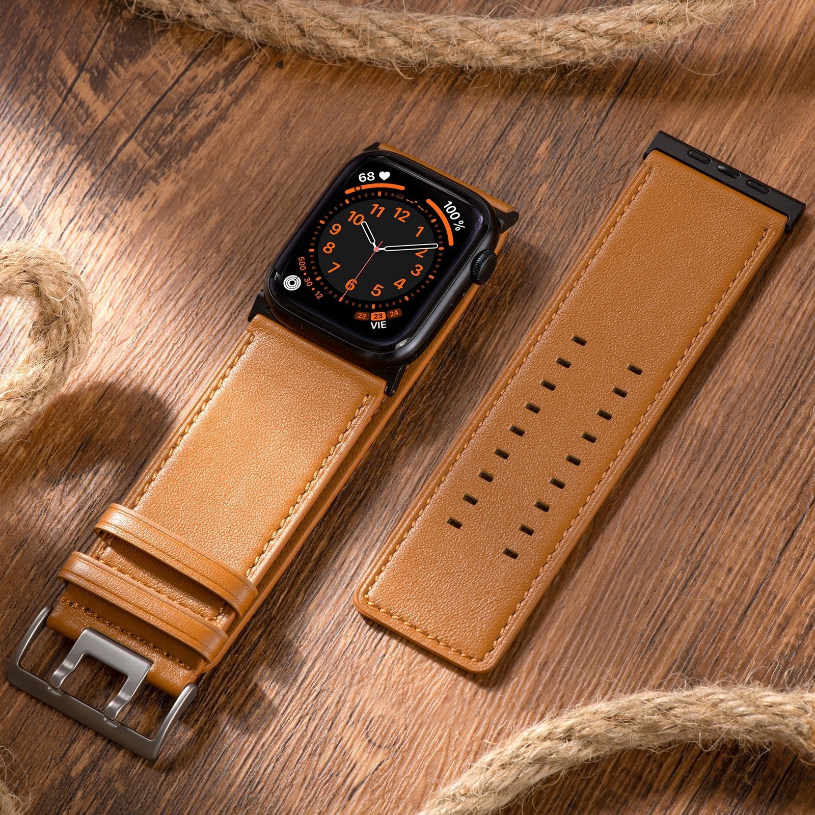 Tefeca Dual Series Replacement Watch Band Compatible with Apple Watch/ Apple Watch Ultra | Brown Leather with Black Adapters | 42/44/45/49mm - Tefeca