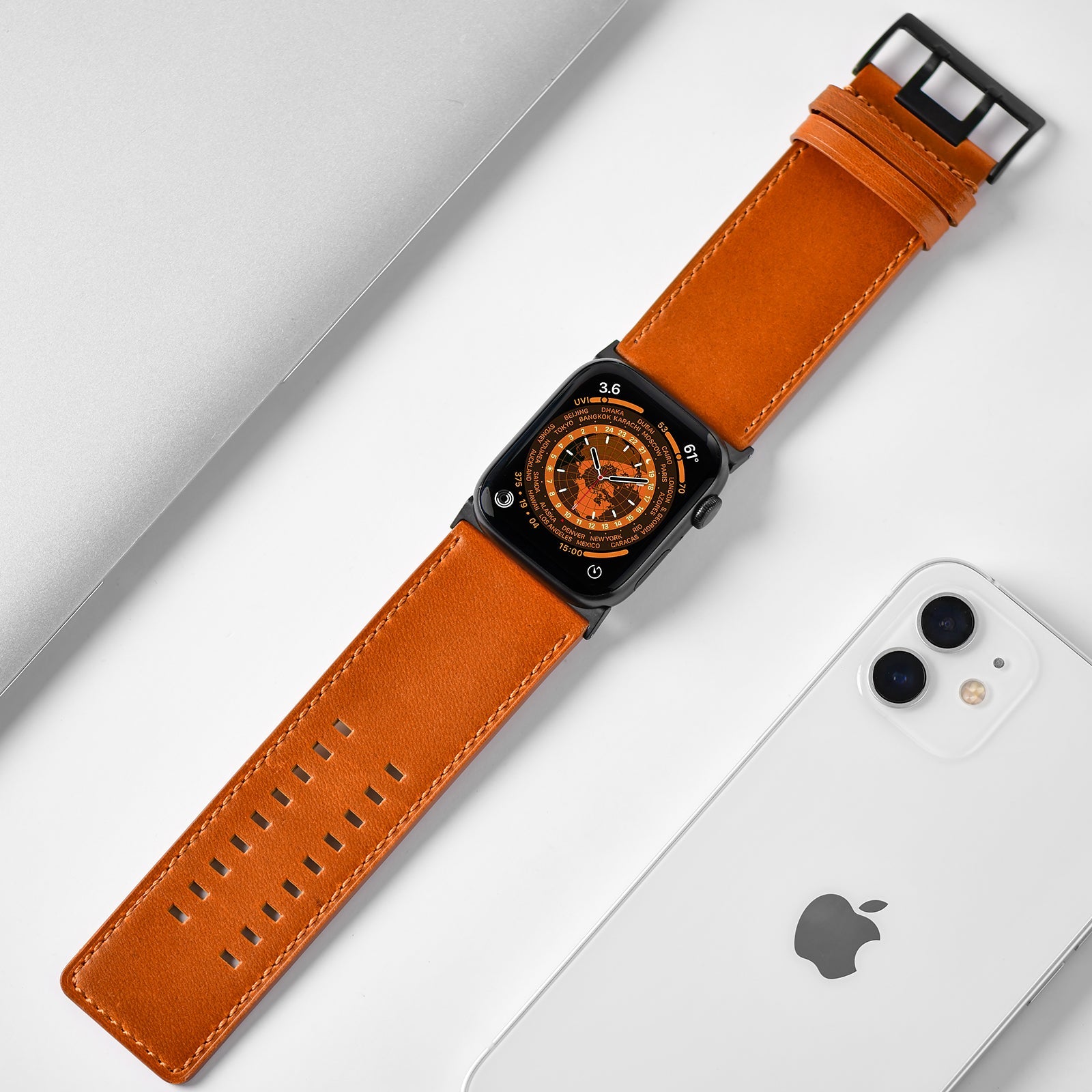 Tefeca Dual Series Replacement Watch Band Compatible with Apple Watch/ Apple Watch Ultra | Caramel Leather with Black Adapters | 42/44/45/49mm - Tefeca