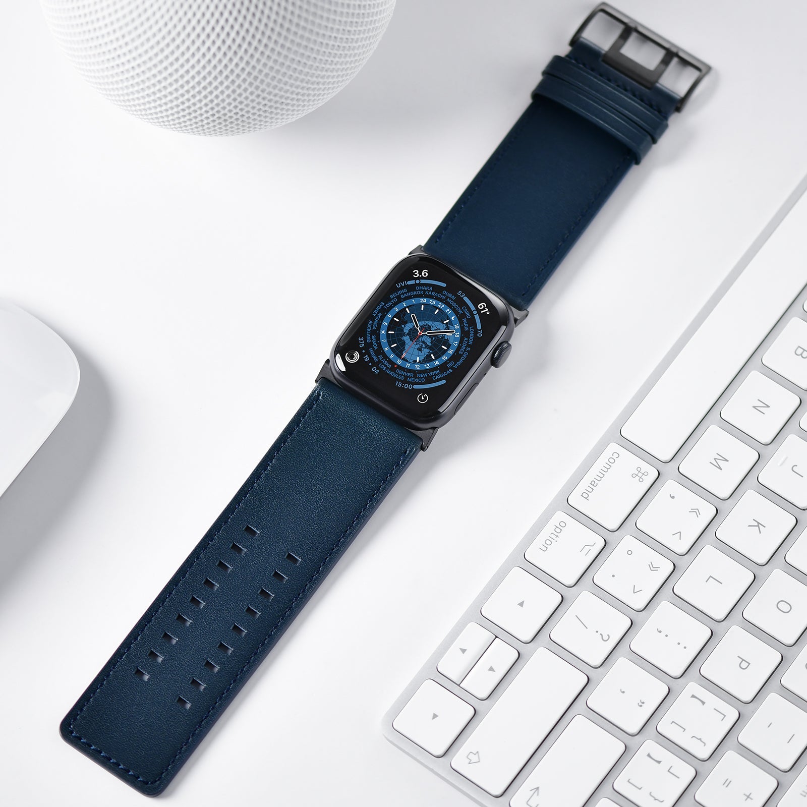 Tefeca Dual Series Replacement Watch Band Compatible with Apple Watch/ Apple Watch Ultra | Mystic Blue Leather with Black Adapters | 42/44/45/49mm - Tefeca