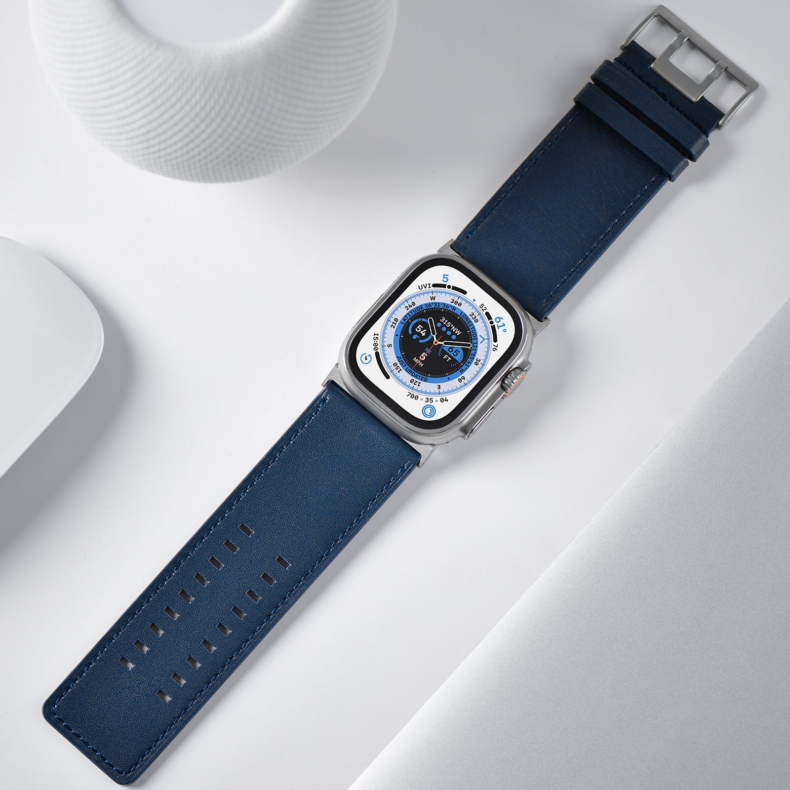 Tefeca Dual Series Replacement Watch Band Compatible with Apple Watch/ Apple Watch Ultra | Mystic Blue Leather with Silver Adapters | 42/44/45/49mm - Tefeca