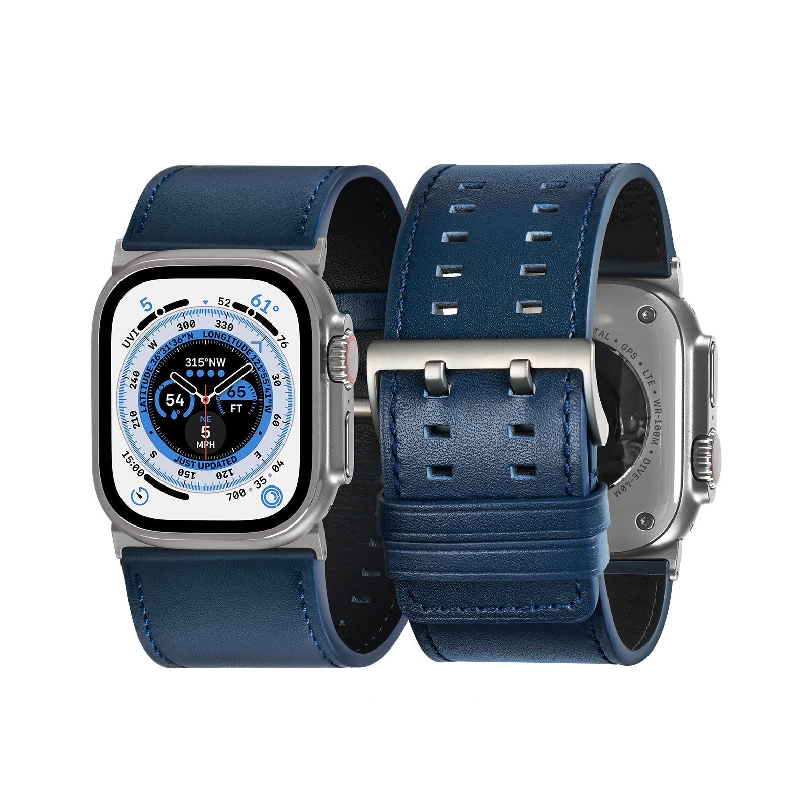 Tefeca Dual Series Replacement Watch Band Compatible with Apple Watch/ Apple Watch Ultra | Mystic Blue Leather with Silver Adapters | 42/44/45/49mm - Tefeca