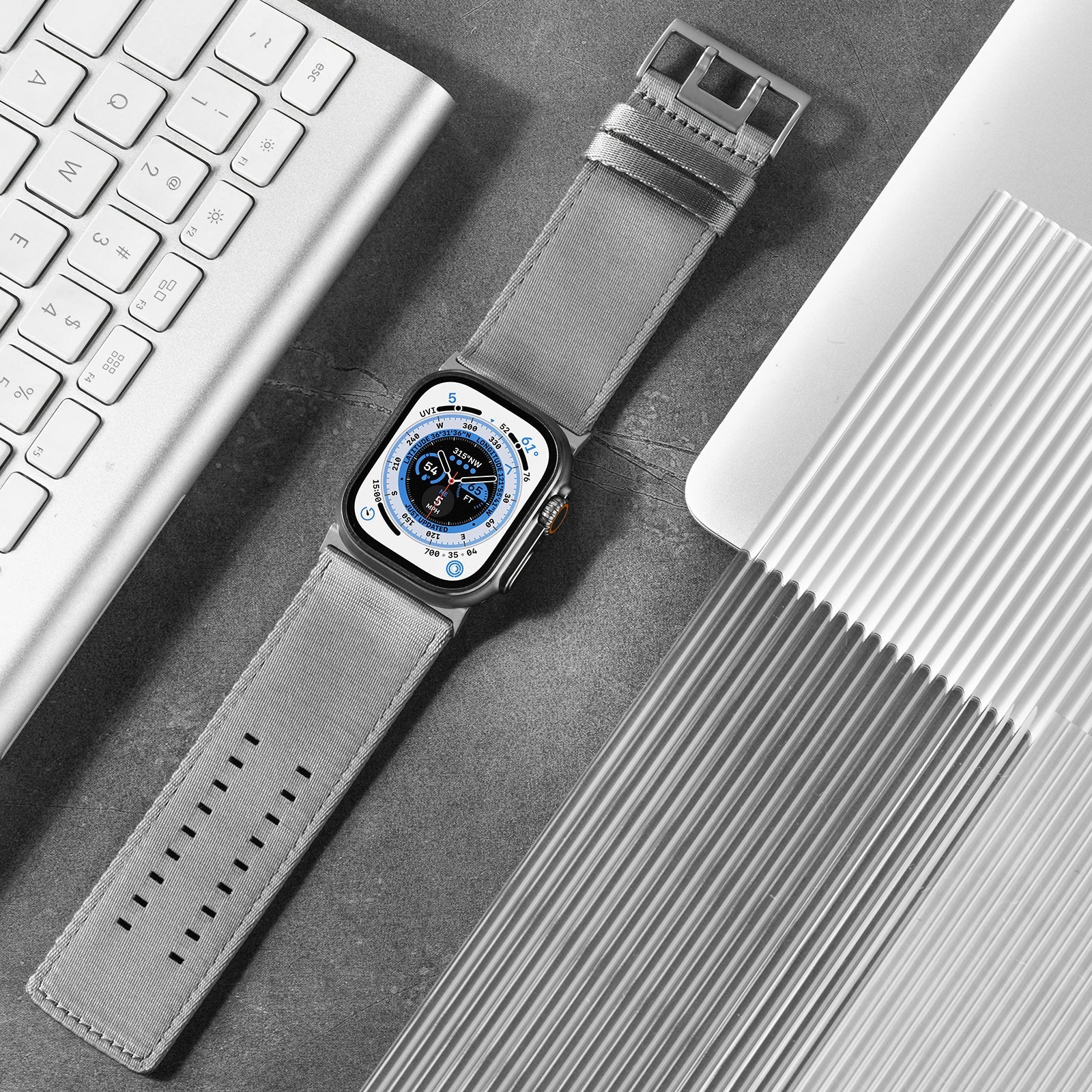 Tefeca Dual Series Replacement Watch Band Compatible with Apple Watch/ Apple Watch Ultra | Silver Gray Nylon with Silver Adapters | 42/44/45/49mm - Tefeca