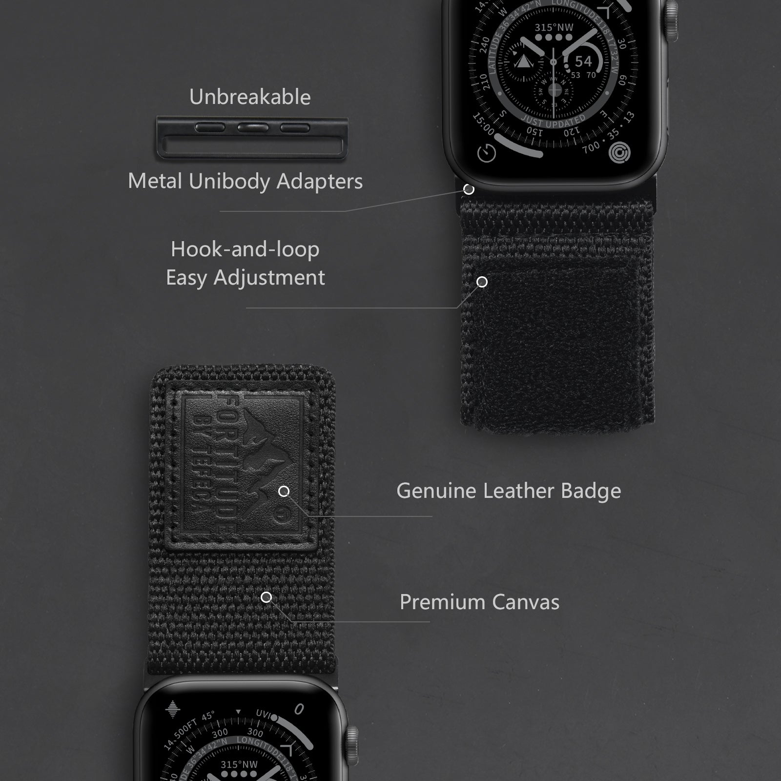 Tefeca Fortitude Series Ultra Wide Hook and Loop Band for Apple Watch /Apple Watch Ultra| Canvas Black Label - Tefeca