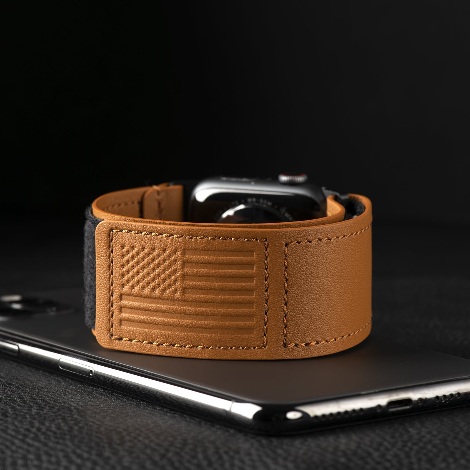 Tefeca Fortitude Series Ultra Wide Hook and Loop Band for Apple Watch /Apple Watch Ultra| Leather Brown USA Flag - Tefeca