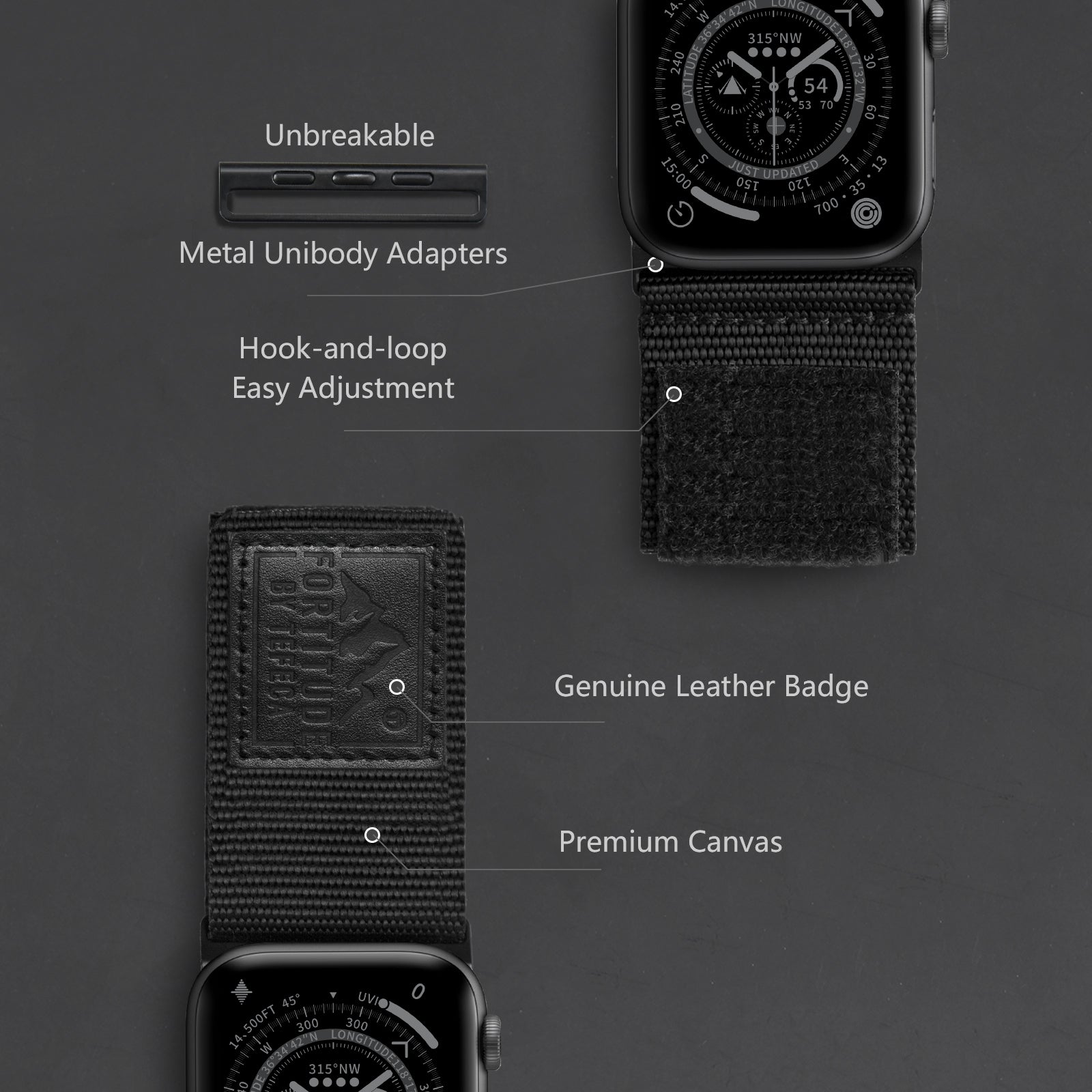 Tefeca Fortitude Series Ultra Wide Hook and Loop Band for Apple Watch /Apple Watch Ultra| Nylon Black Label - Tefeca