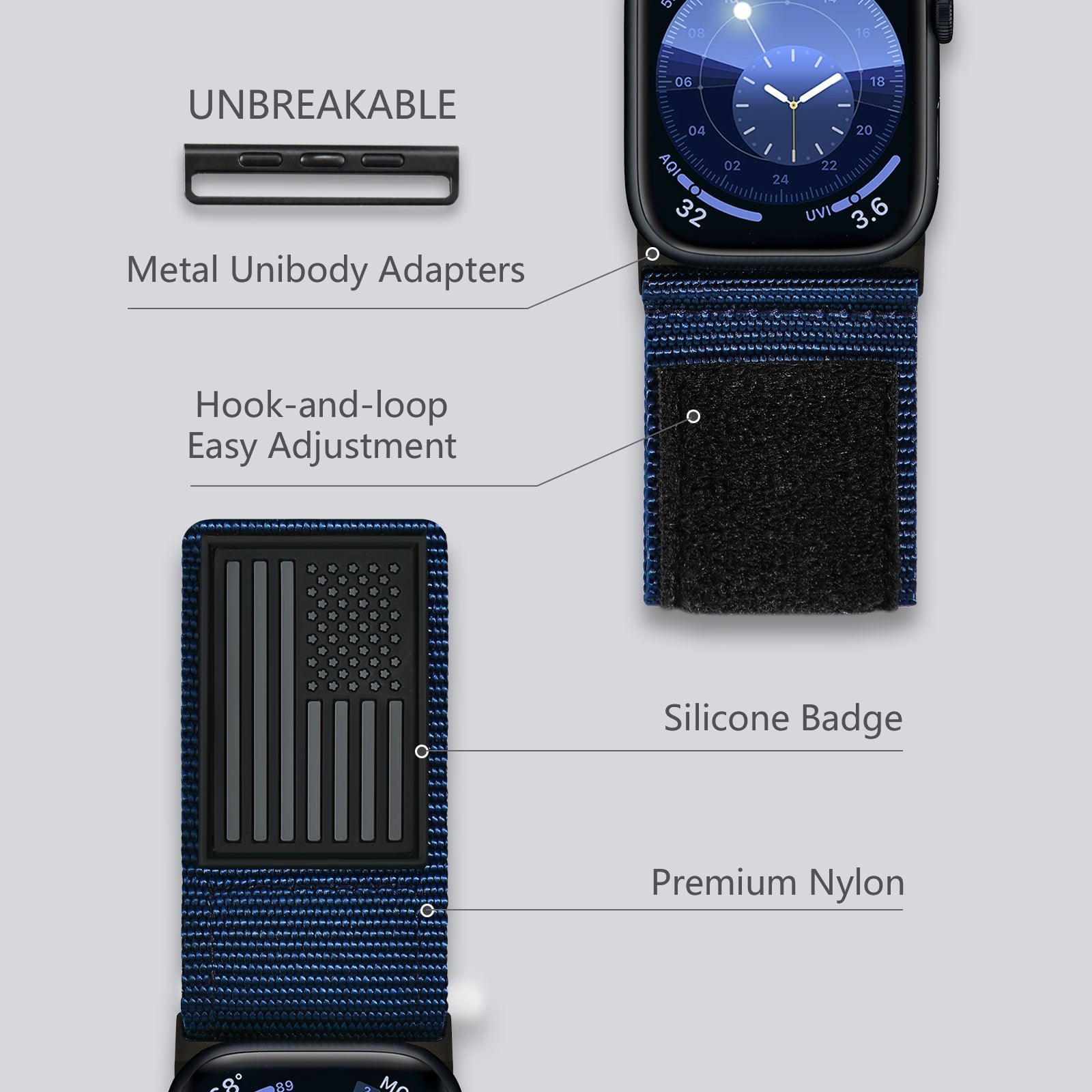 Tefeca Fortitude Series Ultra Wide Hook and Loop Band for Apple Watch /Apple Watch Ultra| Nylon Blue USA Flag - Tefeca