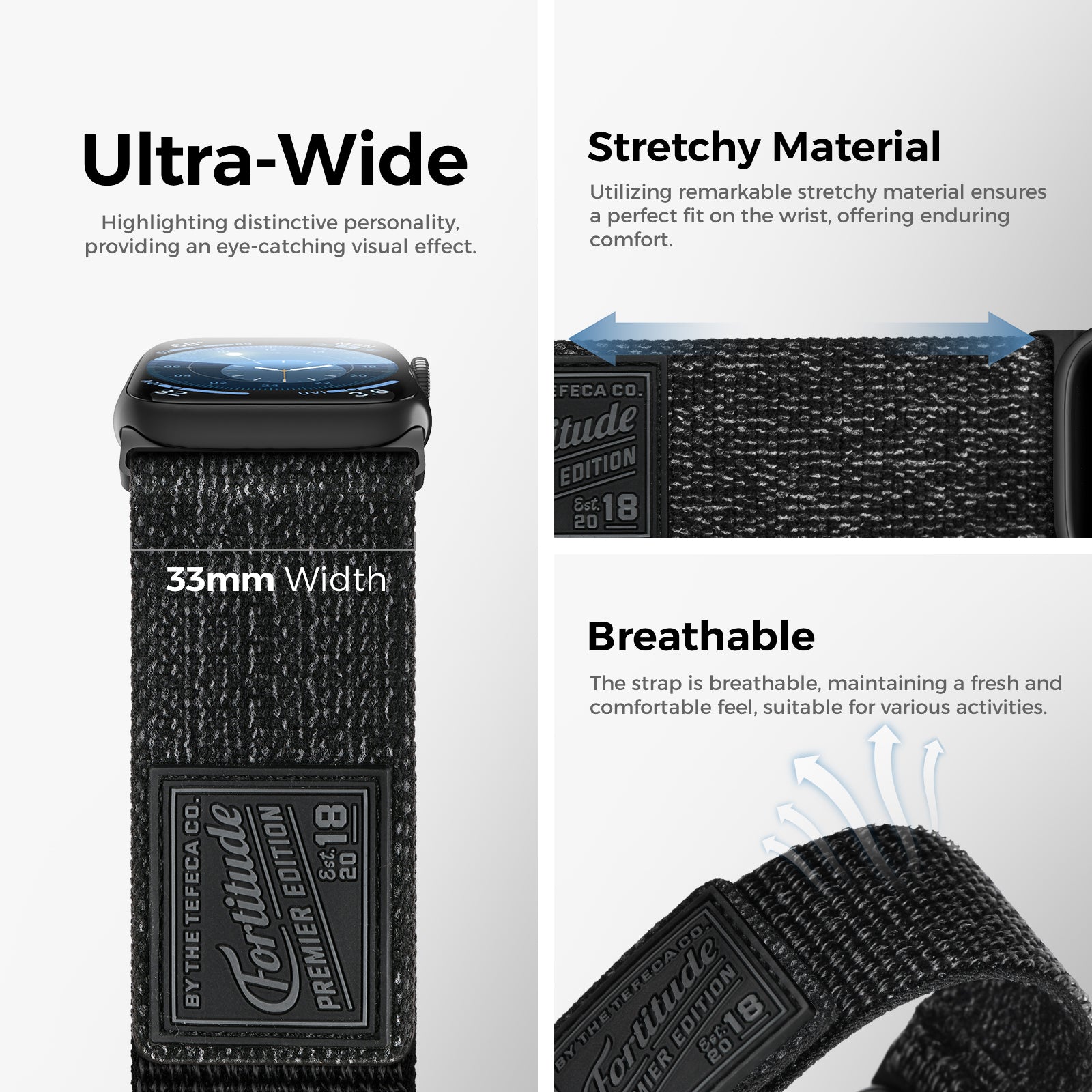 Tefeca Fortitude Series Ultra Wide Hook and Loop Band for Apple Watch /Apple Watch Ultra | Ultra Wide Nylon Carbon - Tefeca