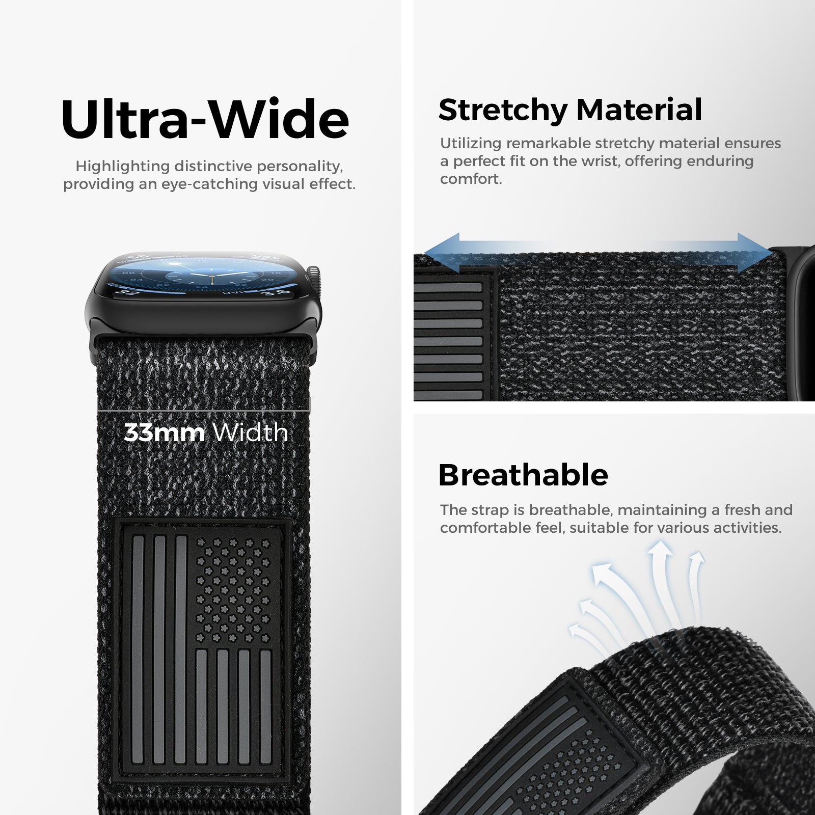 Tefeca Fortitude Series Ultra Wide Hook and Loop Band for Apple Watch /Apple Watch Ultra | Ultra Wide Nylon Carbon USA Flag - Tefeca