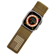 Tefeca Fortitude Series Ultra Wide Hook and Loop Band for Apple Watch /Apple Watch Ultra | Ultra Wide Nylon Coyote Tan USA Flag with Silver Adapters | 42/44/45/49mm - Tefeca