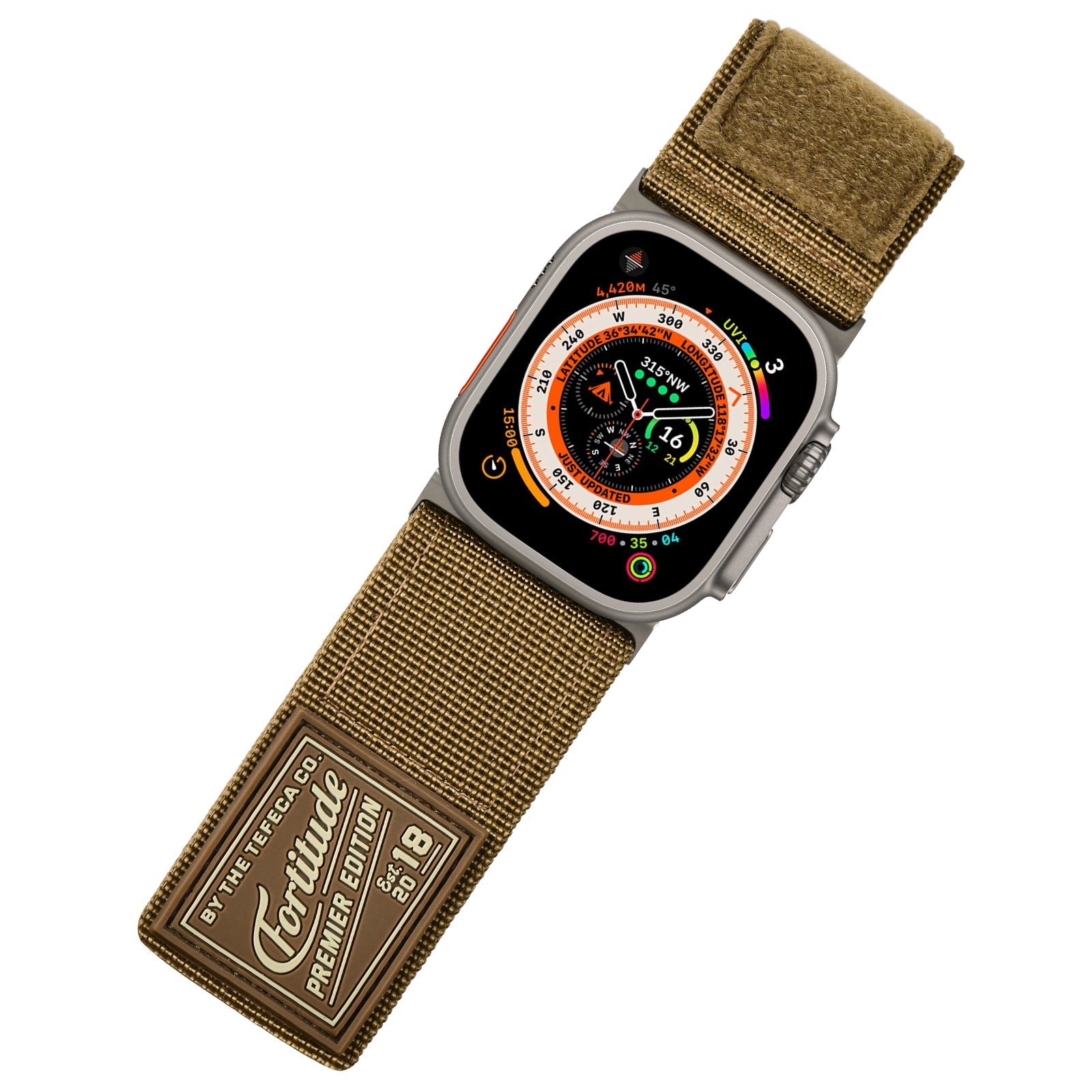 Tefeca Fortitude Series Ultra Wide Hook and Loop Band for Apple Watch /Apple Watch Ultra | Ultra Wide Nylon Coyote Tan with Silver Adapters | 42/44/45/49mm - Tefeca