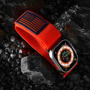 Tefeca Fortitude Series Ultra Wide Hook and Loop Band for Apple Watch /Apple Watch Ultra | Ultra Wide Nylon Orange USA Flag with Silver Adapters | 42/44/45/49mm - Tefeca