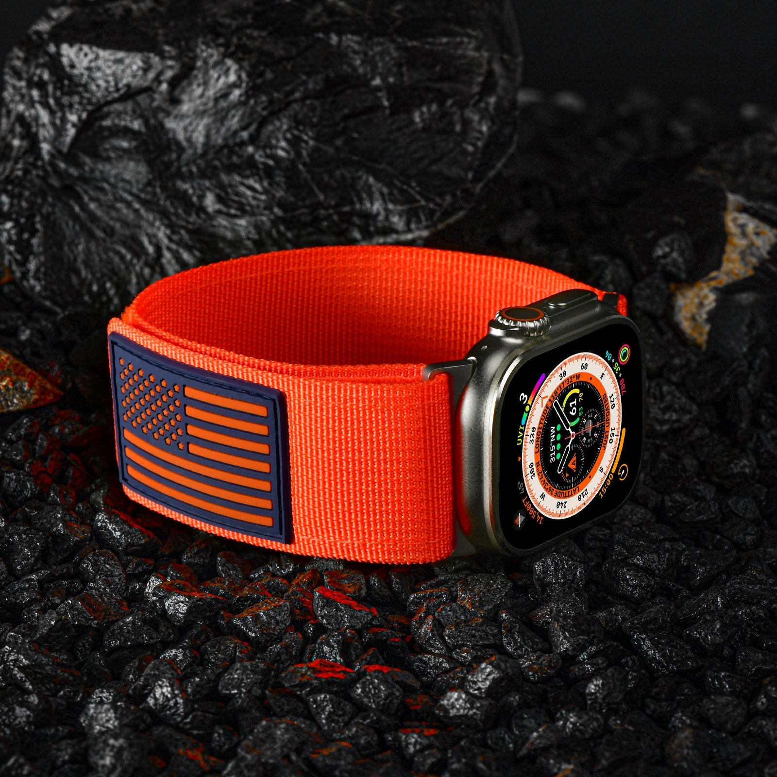 Tefeca Fortitude Series Ultra Wide Hook and Loop Band for Apple Watch /Apple Watch Ultra | Ultra Wide Nylon Orange USA Flag with Silver Adapters | 42/44/45/49mm - Tefeca