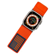 Tefeca Fortitude Series Ultra Wide Hook and Loop Band for Apple Watch /Apple Watch Ultra | Ultra Wide Nylon Orange USA Flag with Silver Adapters | 42/44/45/49mm - Tefeca