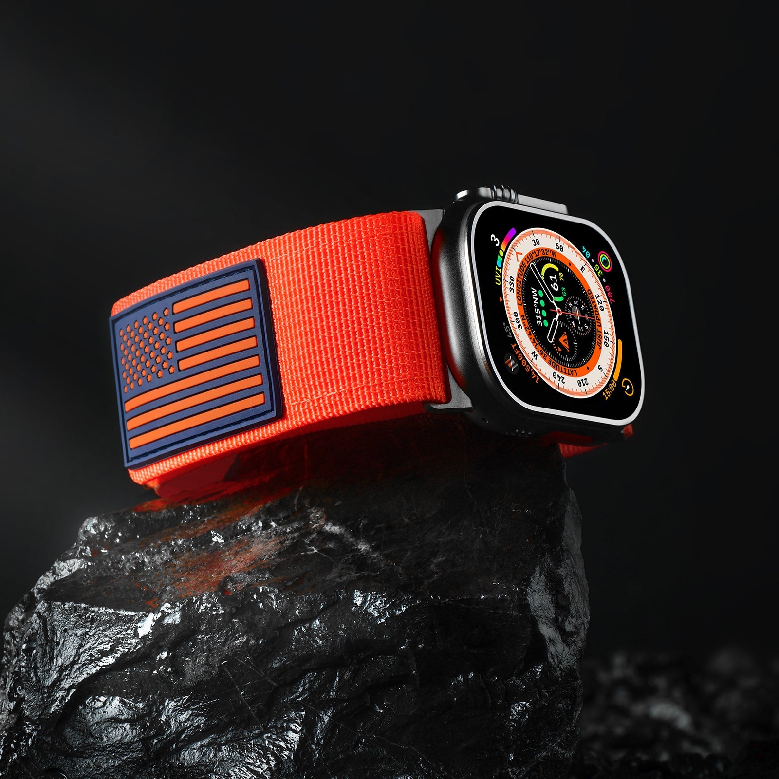Tefeca Fortitude Series Ultra Wide Hook and Loop Band for Apple Watch /Apple Watch Ultra | Ultra Wide Nylon Orange USA Flag with Silver Adapters | 42/44/45/49mm - Tefeca