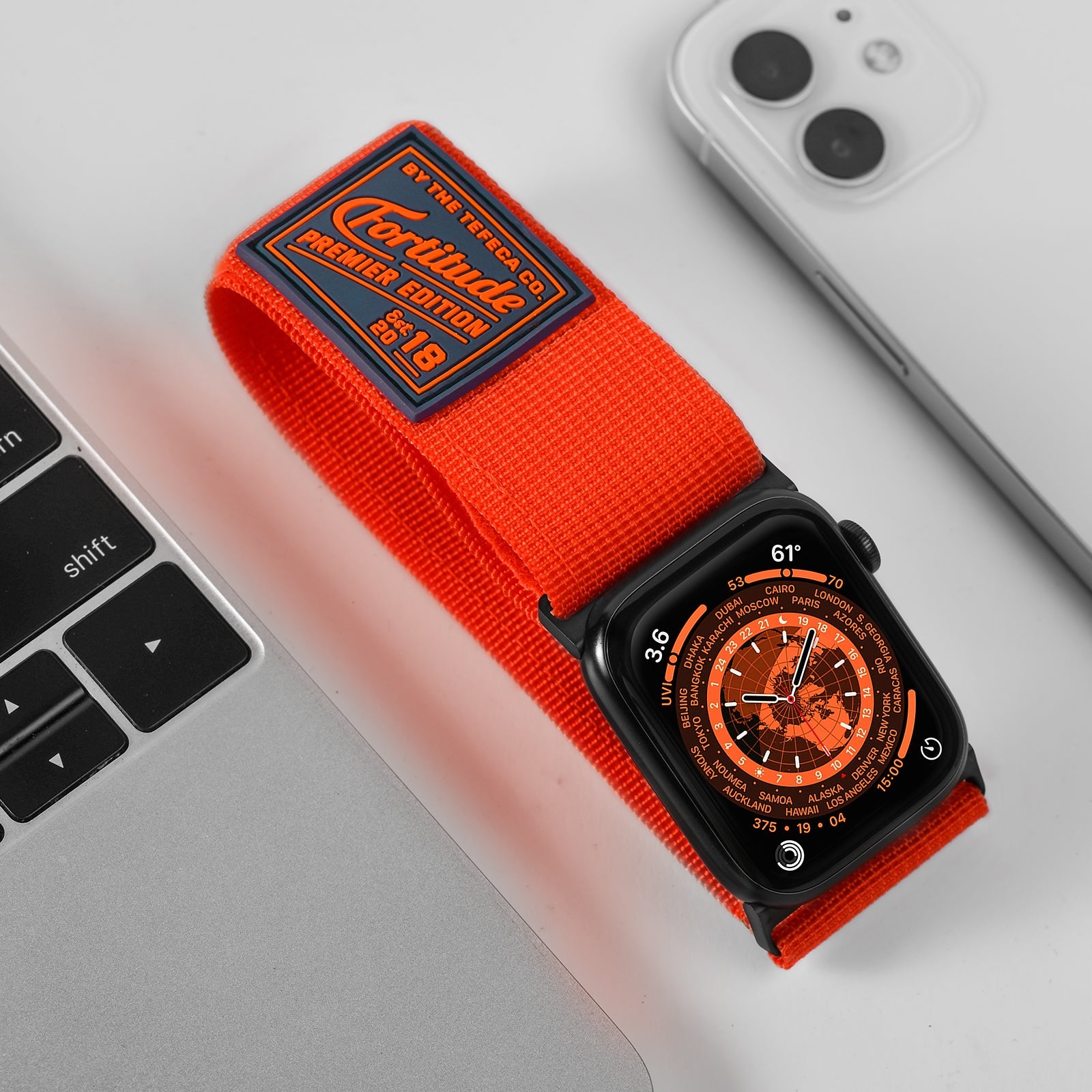 Tefeca Fortitude Series Ultra Wide Hook and Loop Band for Apple Watch /Apple Watch Ultra | Ultra Wide Nylon Orange with Black Adapters | 42/44/45/49mm - Tefeca
