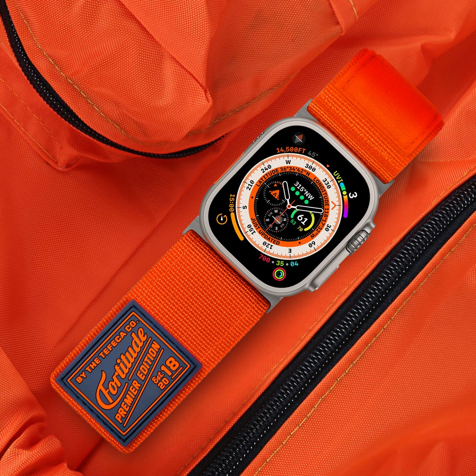 Tefeca Fortitude Series Ultra Wide Hook and Loop Band for Apple Watch /Apple Watch Ultra | Ultra Wide Nylon Orange with Silver Adapters | 42/44/45/49mm - Tefeca