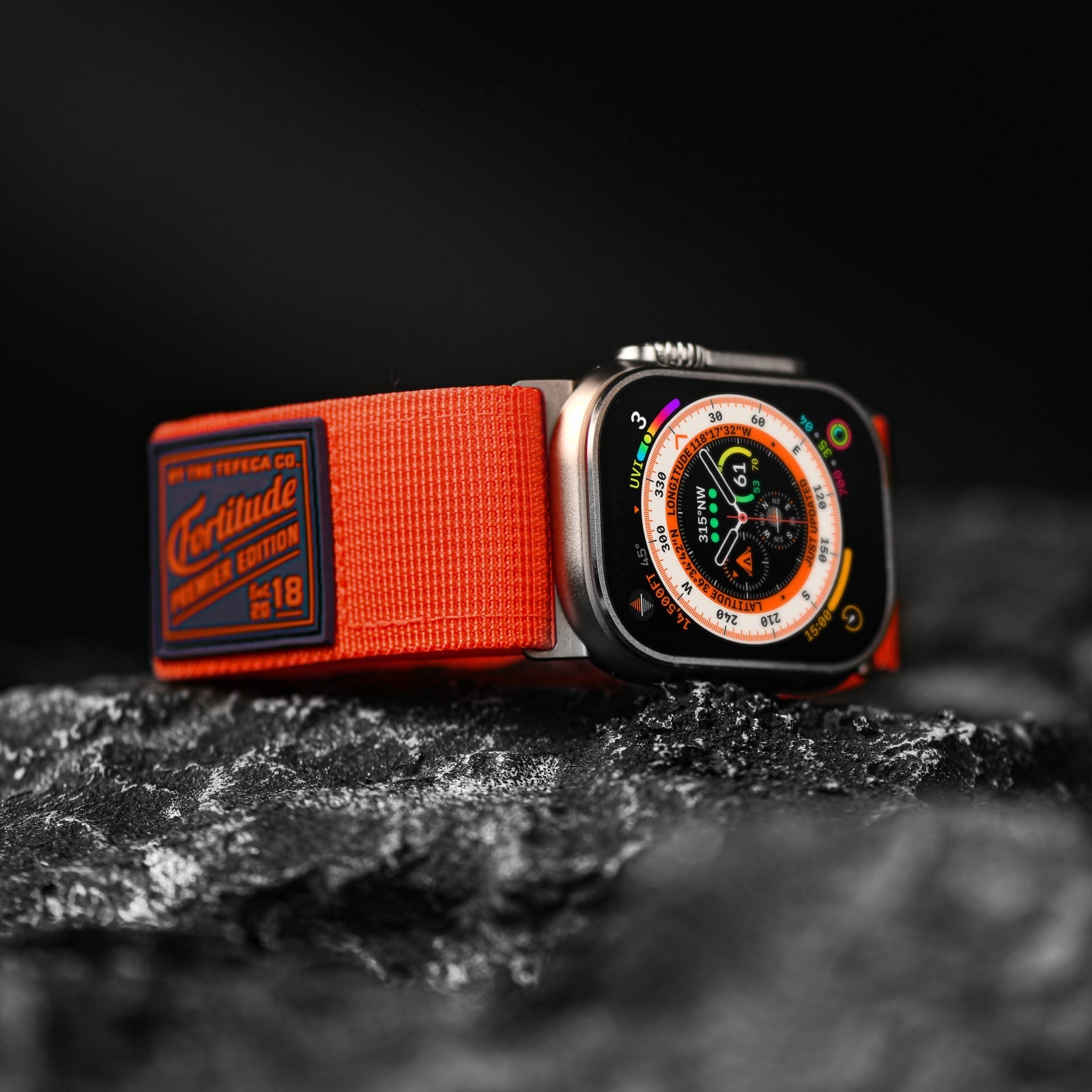 Tefeca Fortitude Series Ultra Wide Hook and Loop Band for Apple Watch /Apple Watch Ultra | Ultra Wide Nylon Orange with Silver Adapters | 42/44/45/49mm - Tefeca