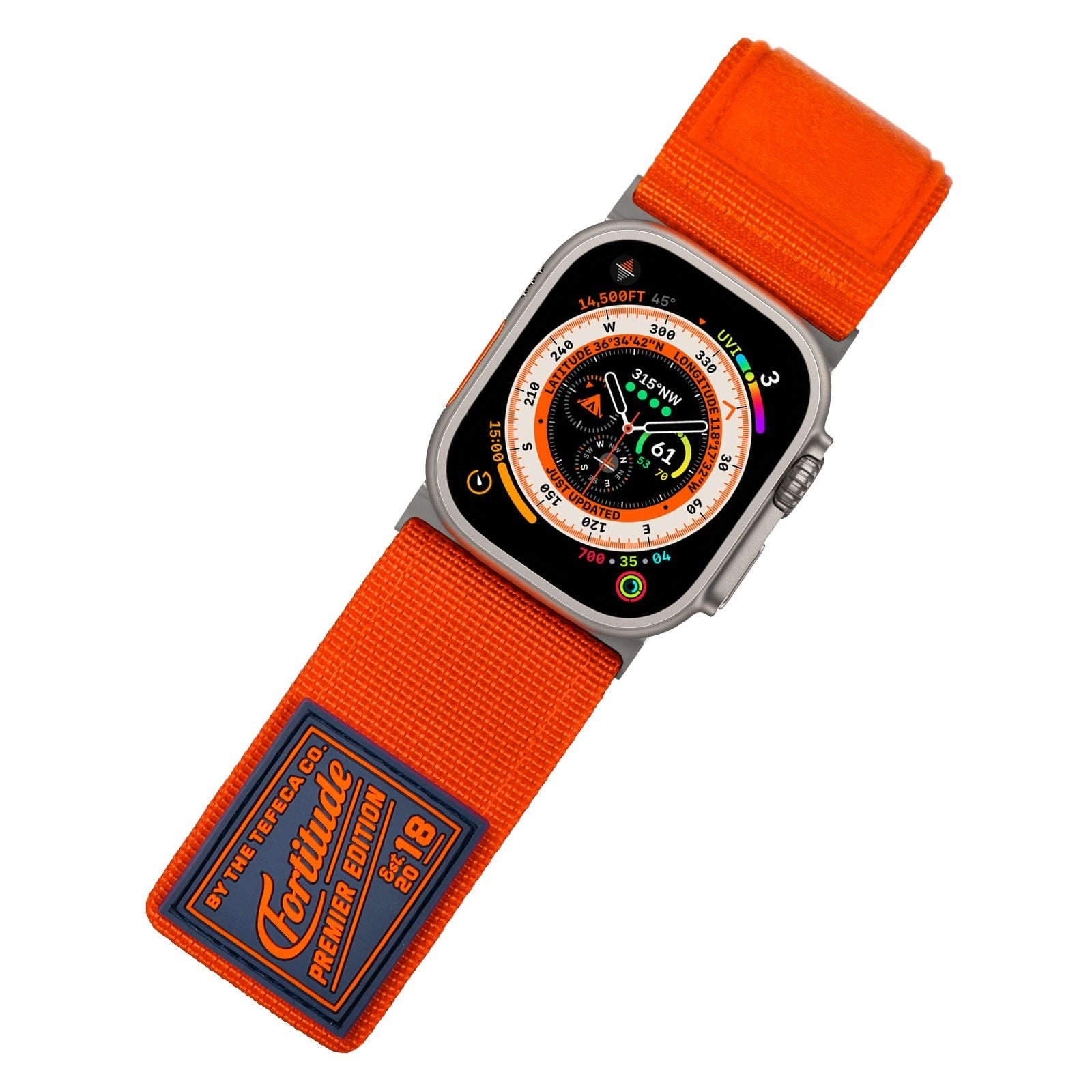 Tefeca Fortitude Series Ultra Wide Hook and Loop Band for Apple Watch /Apple Watch Ultra | Ultra Wide Nylon Orange with Silver Adapters | 42/44/45/49mm - Tefeca