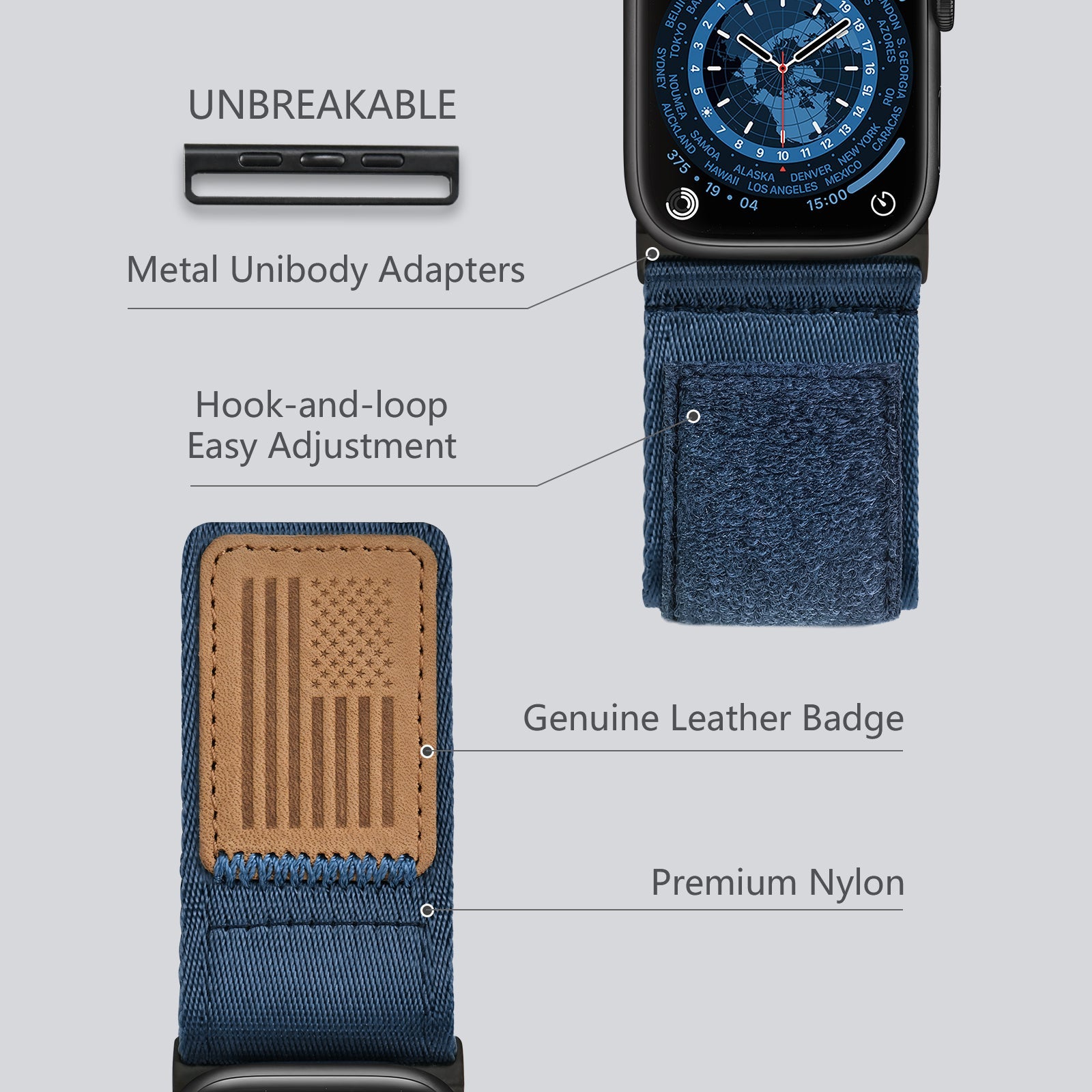 Tefeca Fortitude Series Ultra Wide Hook and Loop Band for Apple Watch/Apple Watch Ultra | Ultra Wide Nylon Midnight Blue USA Flag with Black Adapters | 42/44/45/49mm - Tefeca