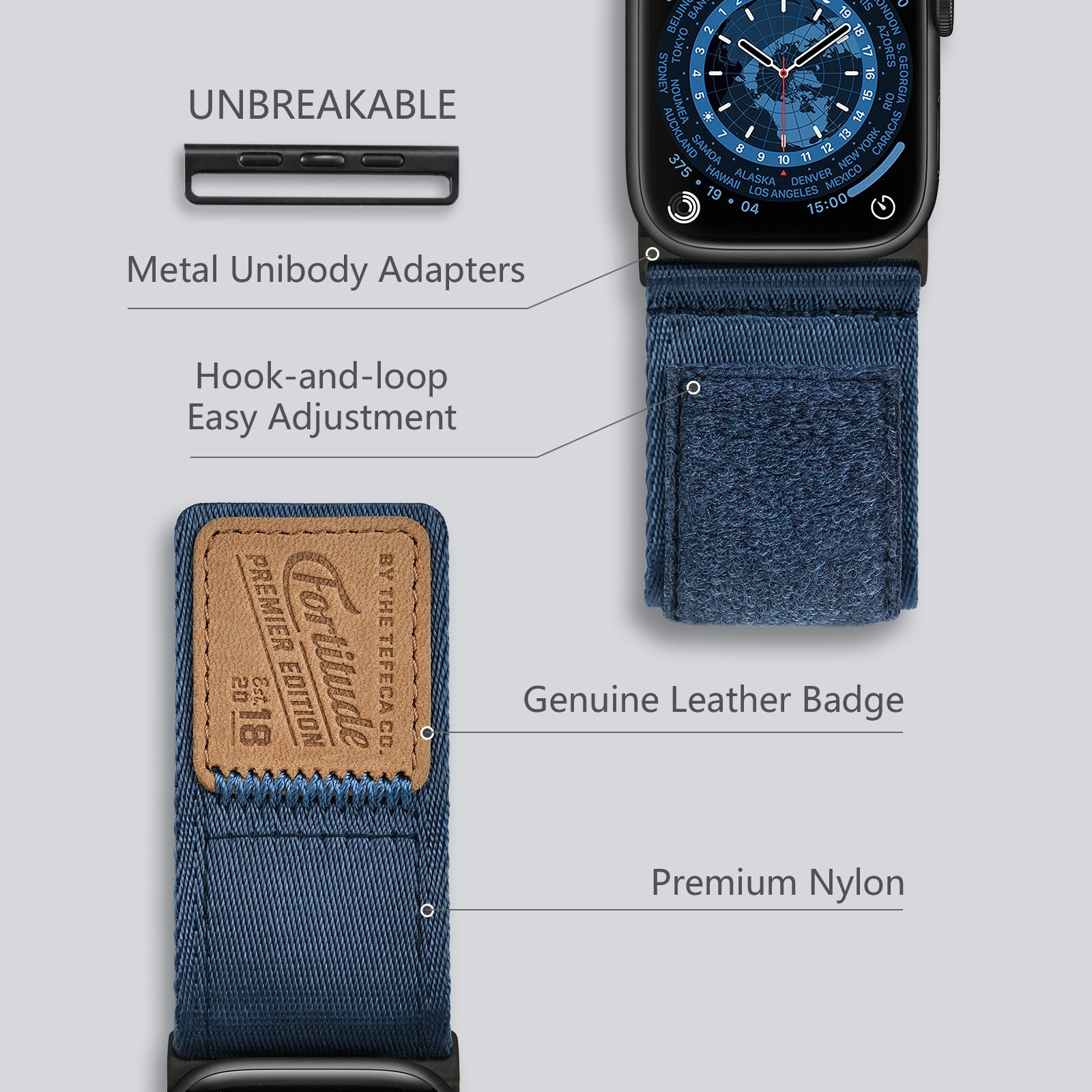 Tefeca Fortitude Series Ultra Wide Hook and Loop Band for Apple Watch/Apple Watch Ultra | Ultra Wide Nylon Midnight Blue with Black Adapters | 42/44/45/49mm - Tefeca