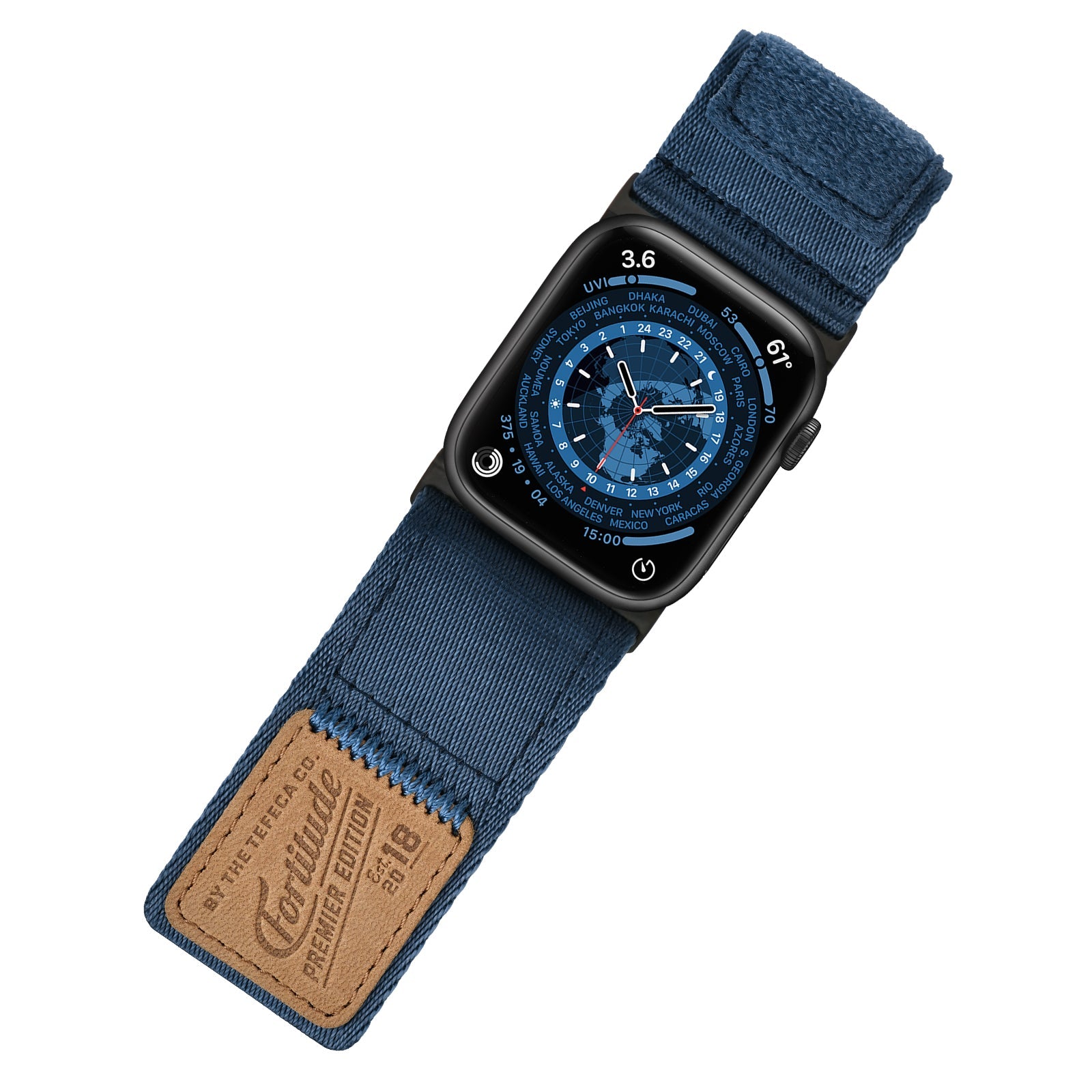 Tefeca Fortitude Series Ultra Wide Hook and Loop Band for Apple Watch/Apple Watch Ultra | Ultra Wide Nylon Midnight Blue with Black Adapters | 42/44/45/49mm - Tefeca