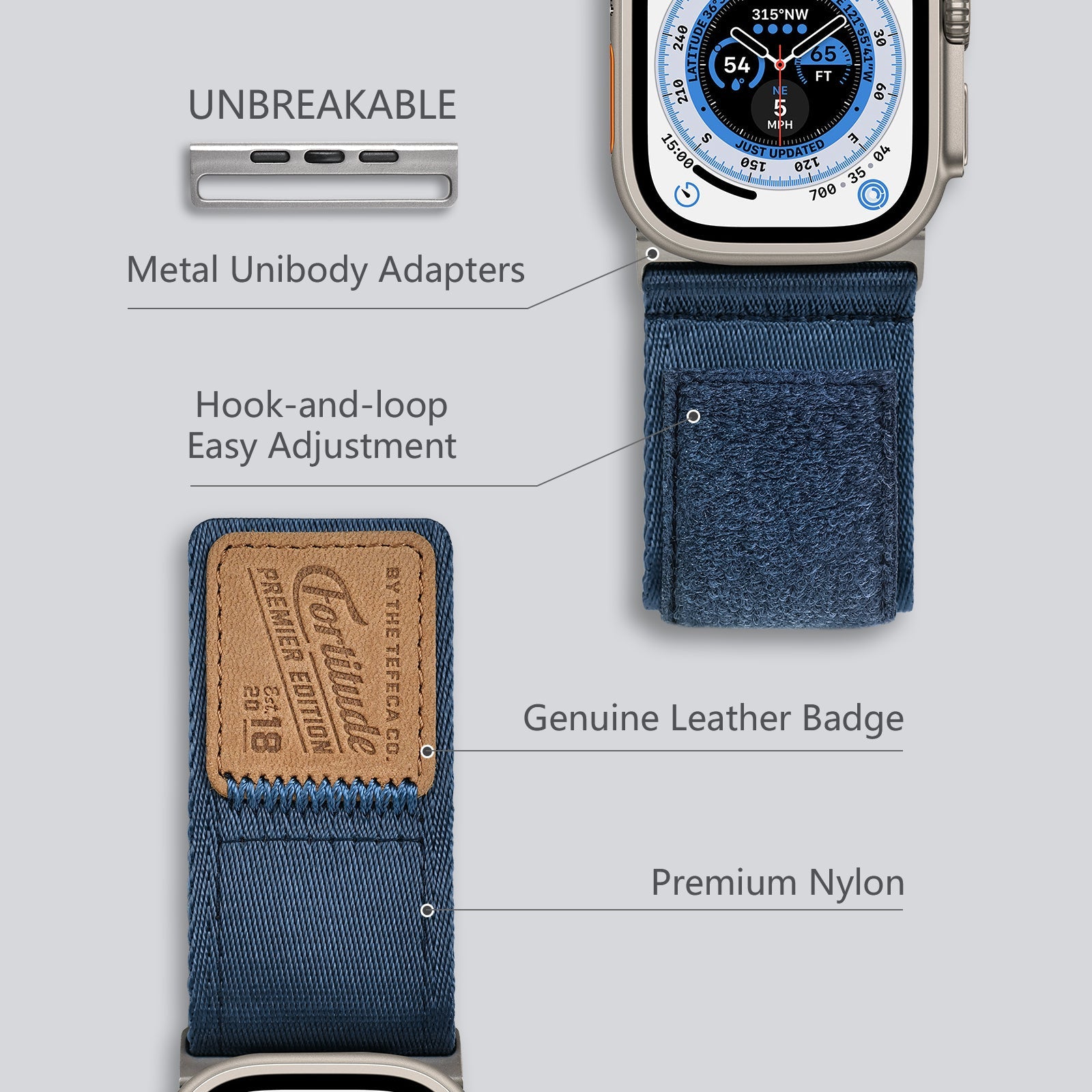 Tefeca Fortitude Series Ultra Wide Hook and Loop Band for Apple Watch/Apple Watch Ultra | Ultra Wide Nylon Midnight Blue with Silver Adapters | 42/44/45/49mm - Tefeca