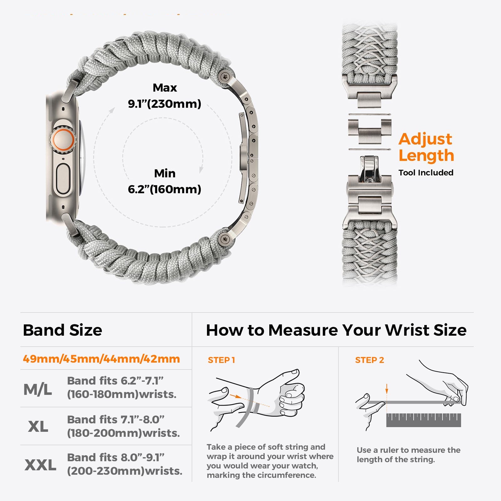 Tefeca Titan Series Paracord Band Compatible with Apple Watch (Gray 49/45/44/42mm) - Tefeca