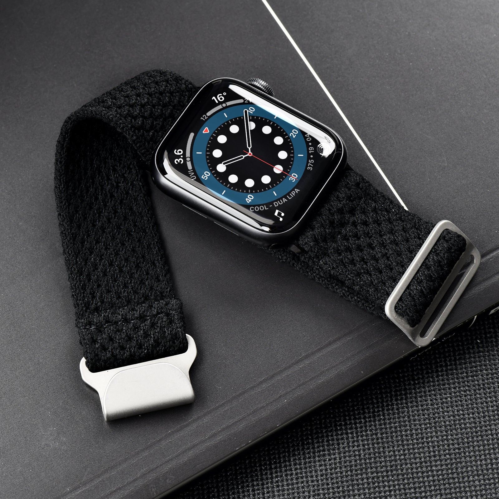 Tefeca Hook Buckle Elastic Band For Apple Watch /Apple Watch Ultra | Black Knitting-Silver | 38/40/41mm 42/44/45mm