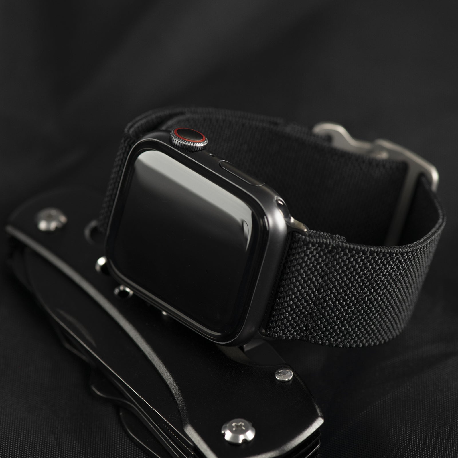 Tefeca Hook Buckle Elastic Band For Apple Watch /Apple Watch Ultra | Black-Silver | 38/40/41mm 42/44/45mm