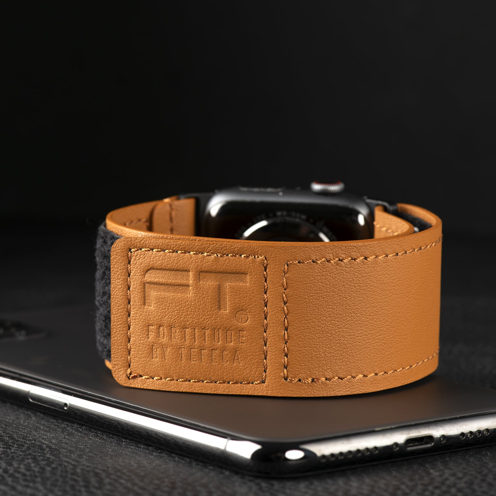 Tefeca Fortitude Series Ultra Wide Hook and Loop Band for Apple Watch/Apple Watch Ultra | Leather Brown label