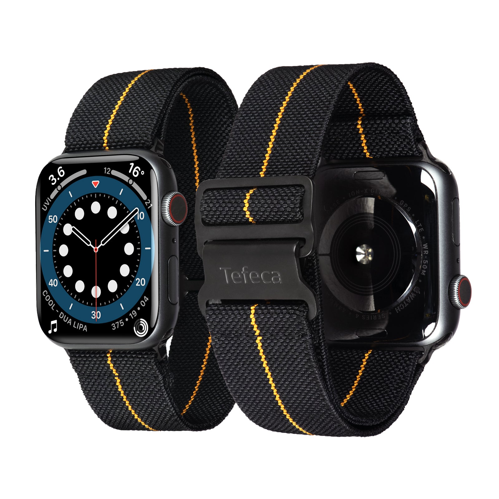 Tefeca Hook Buckle Elastic Band For Apple Watch /Apple Watch Ultra | Black and Yellow- Black | 42/44/45mm